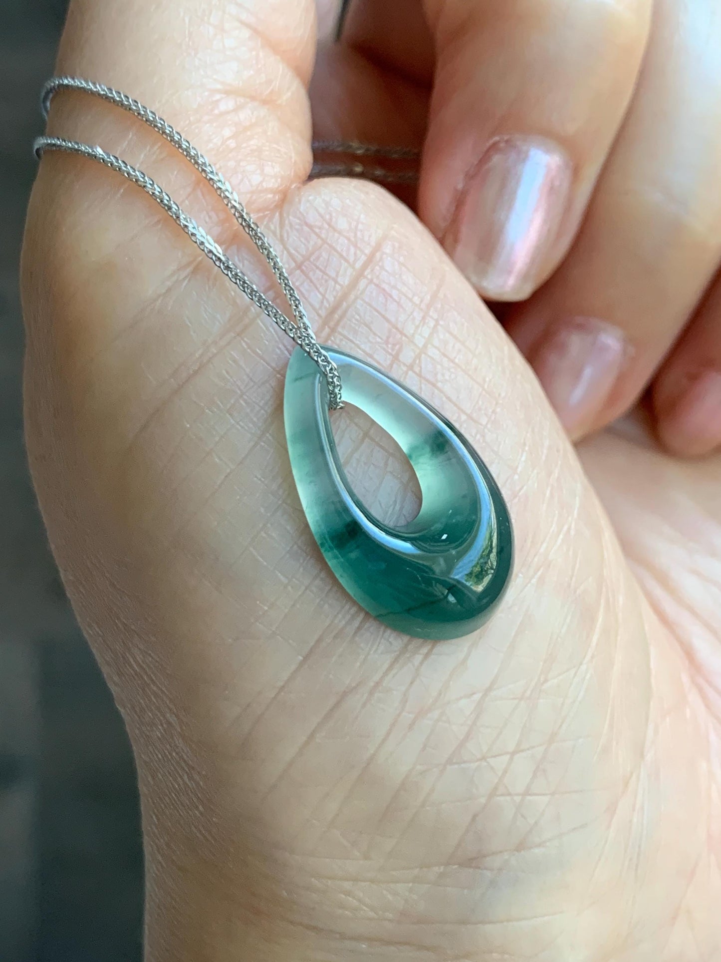Natural Grade A Guatemalan Icy Translucent Light Teal Marbled Jade Jadeite Teardrop Pendant Necklace Sterling Silver 17” 天然冰危飘花翡翠水滴项链 WSD88A