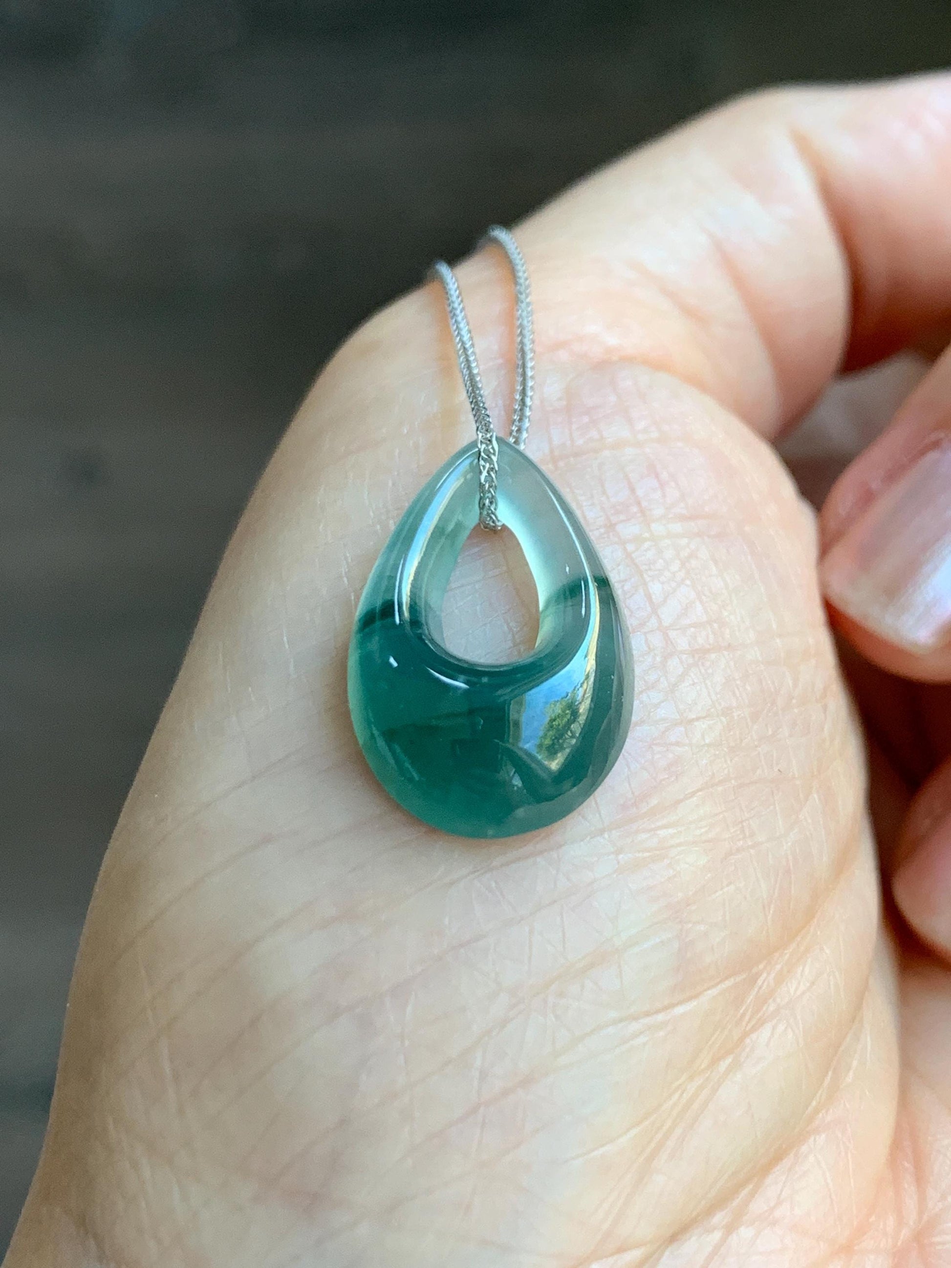 Natural Grade A Guatemalan Icy Translucent Light Teal Marbled Jade Jadeite Teardrop Pendant Necklace Sterling Silver 17” 天然冰危飘花翡翠水滴项链 WSD88A