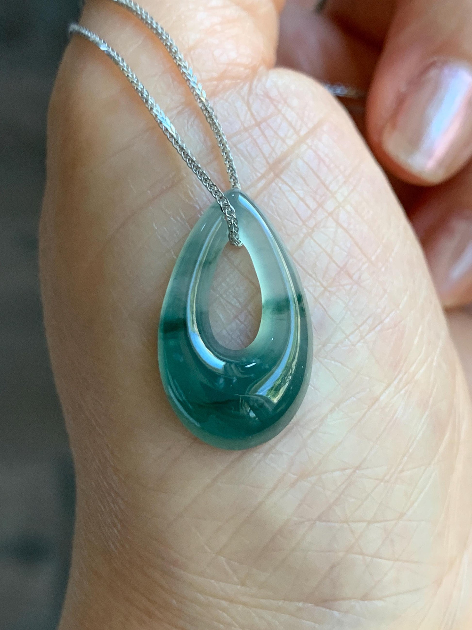 Natural Grade A Guatemalan Icy Translucent Light Teal Marbled Jade Jadeite Teardrop Pendant Necklace Sterling Silver 17” 天然冰危飘花翡翠水滴项链 WSD88A