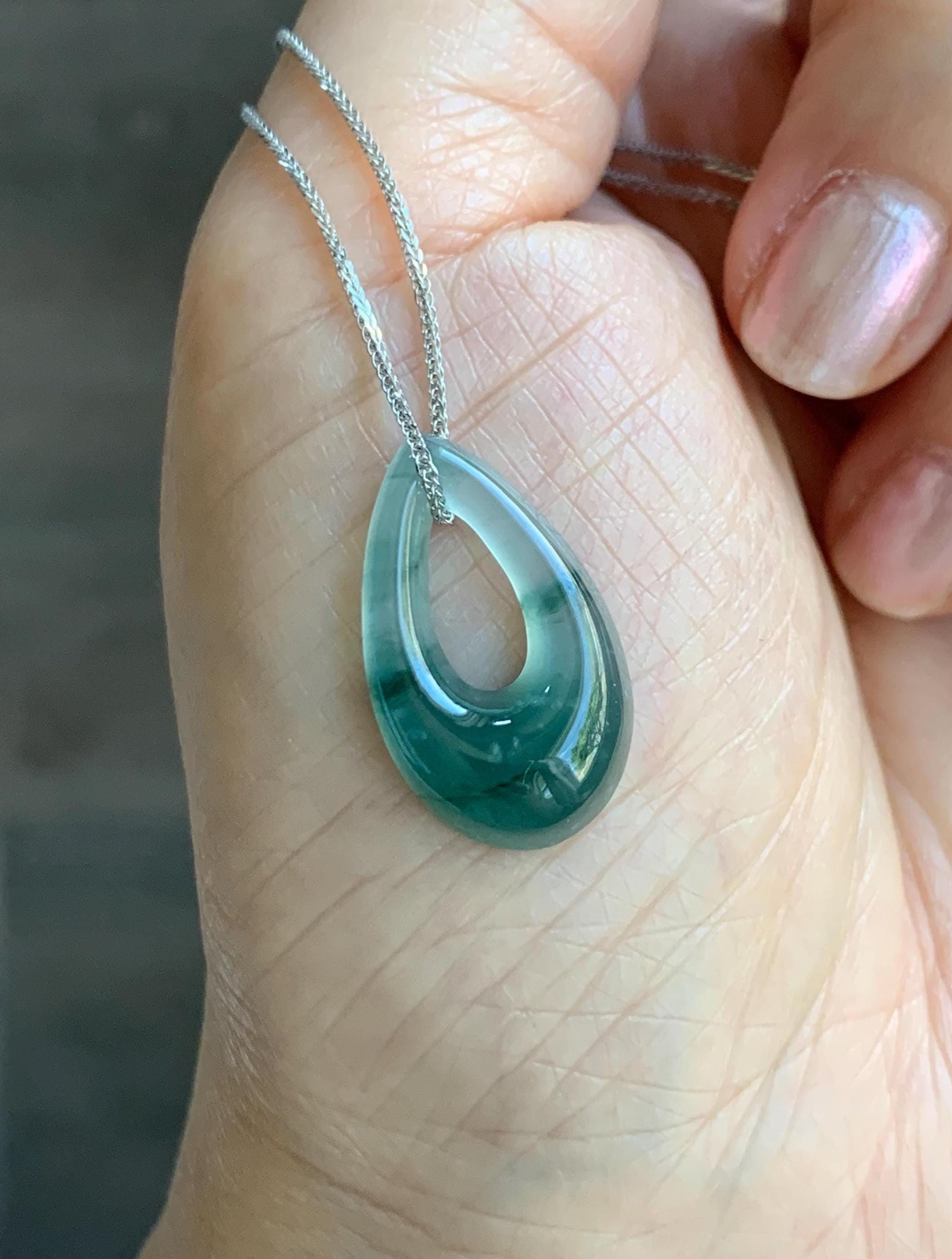 Natural Grade A Guatemalan Icy Translucent Light Teal Marbled Jade Jadeite Teardrop Pendant Necklace Sterling Silver 17” 天然冰危飘花翡翠水滴项链 WSD88A