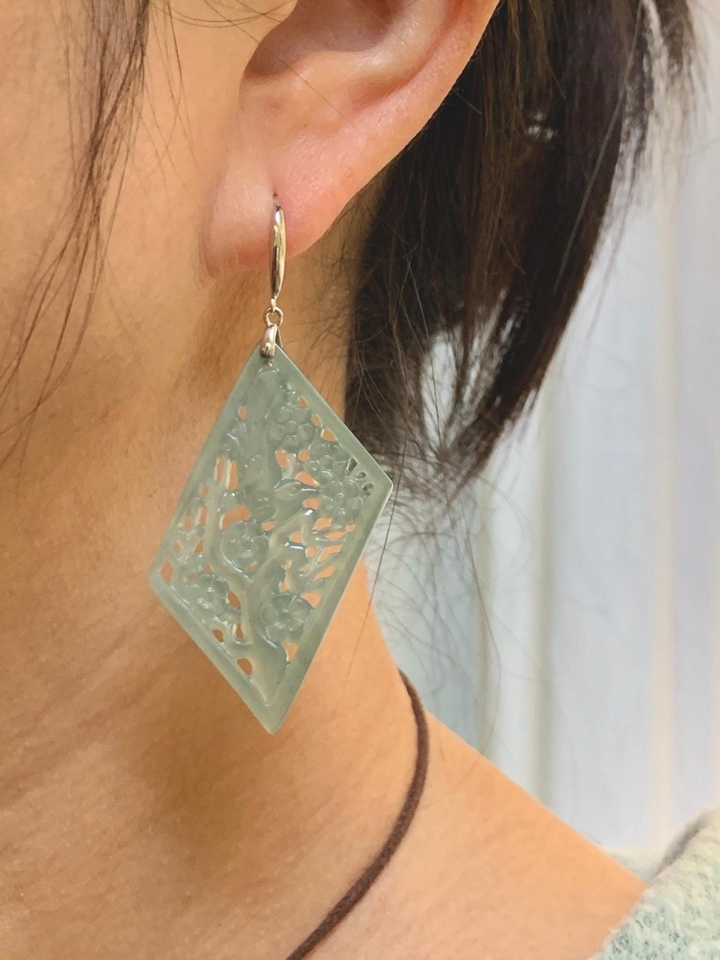 Natural Grade A Guatemalan Icy Translucent Dusty Blue Jade Jadeite Openwork Engraved Earrings Sterling Silver 天然冰危暗蓝翡翠镂空雕银耳钩 WXQ110B