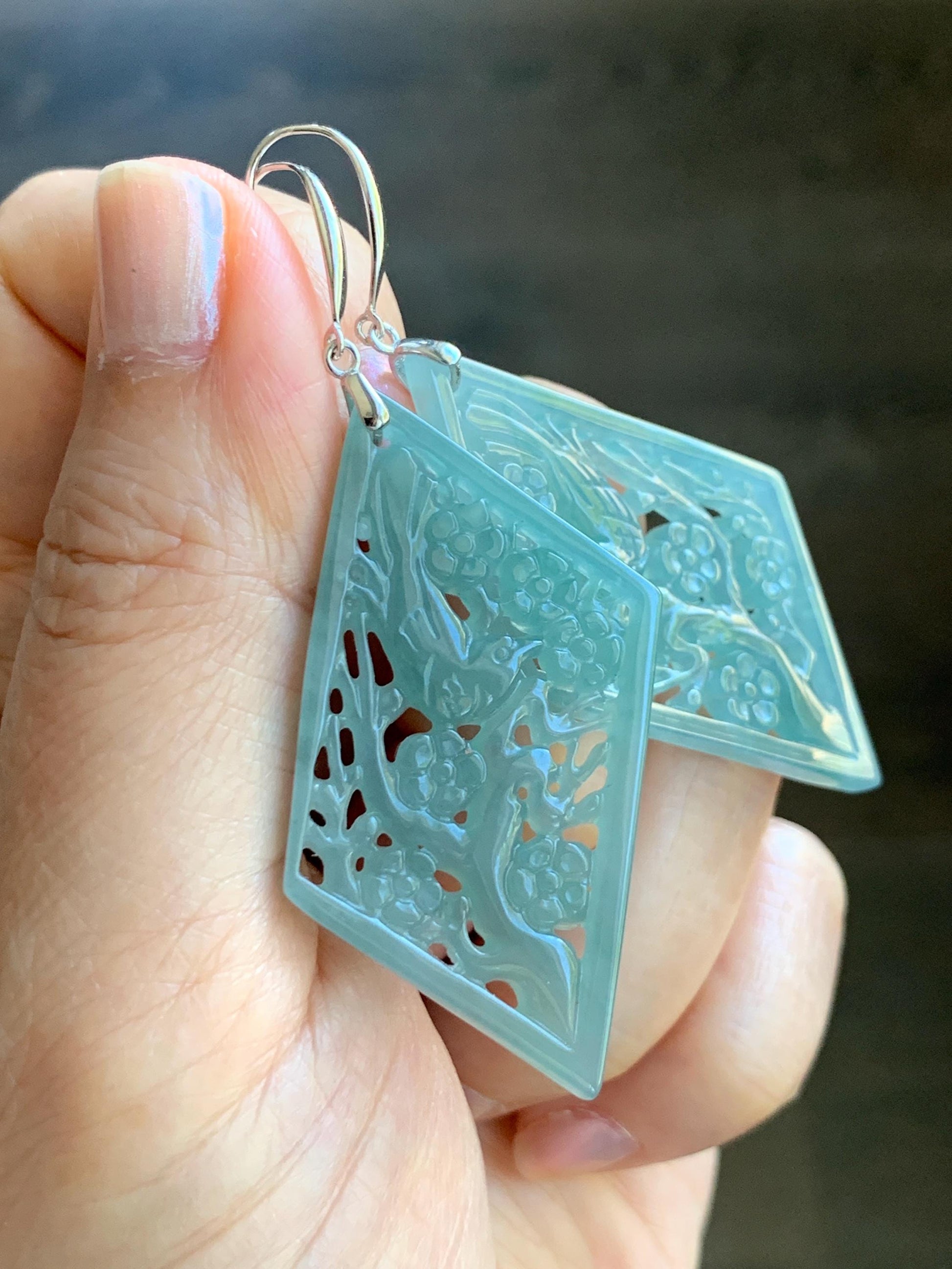 Natural Grade A Guatemalan Icy Translucent Dusty Blue Jade Jadeite Openwork Engraved Earrings Sterling Silver 天然冰危暗蓝翡翠镂空雕银耳钩 WXQ110B