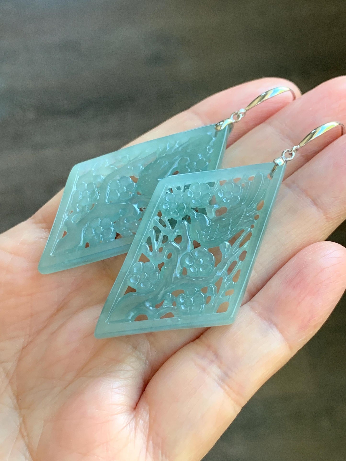 Natural Grade A Guatemalan Icy Translucent Dusty Blue Jade Jadeite Openwork Engraved Earrings Sterling Silver 天然冰危暗蓝翡翠镂空雕银耳钩 WXQ110B