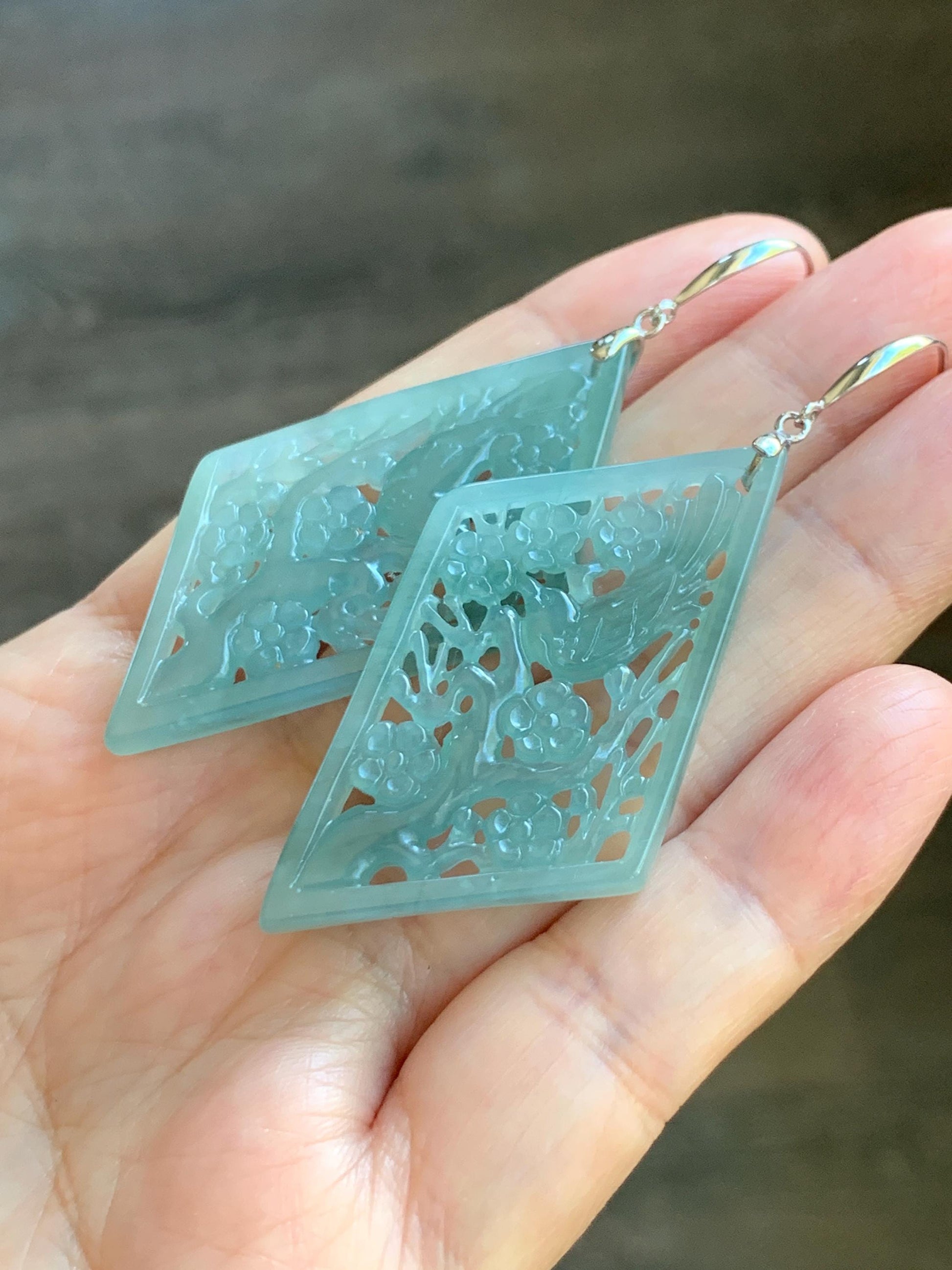 Natural Grade A Guatemalan Icy Translucent Dusty Blue Jade Jadeite Openwork Engraved Earrings Sterling Silver 天然冰危暗蓝翡翠镂空雕银耳钩 WXQ110B