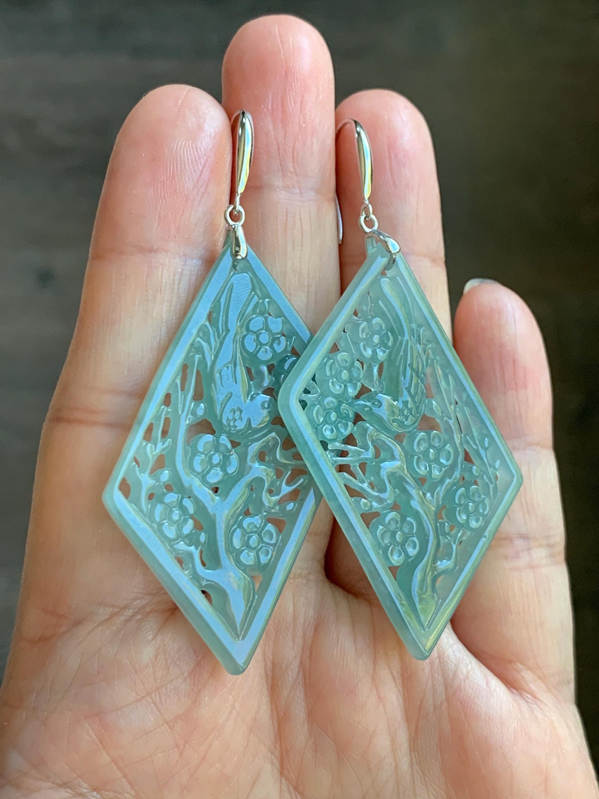 Natural Grade A Guatemalan Icy Translucent Dusty Blue Jade Jadeite Openwork Engraved Earrings Sterling Silver 天然冰危暗蓝翡翠镂空雕银耳钩 WXQ110B