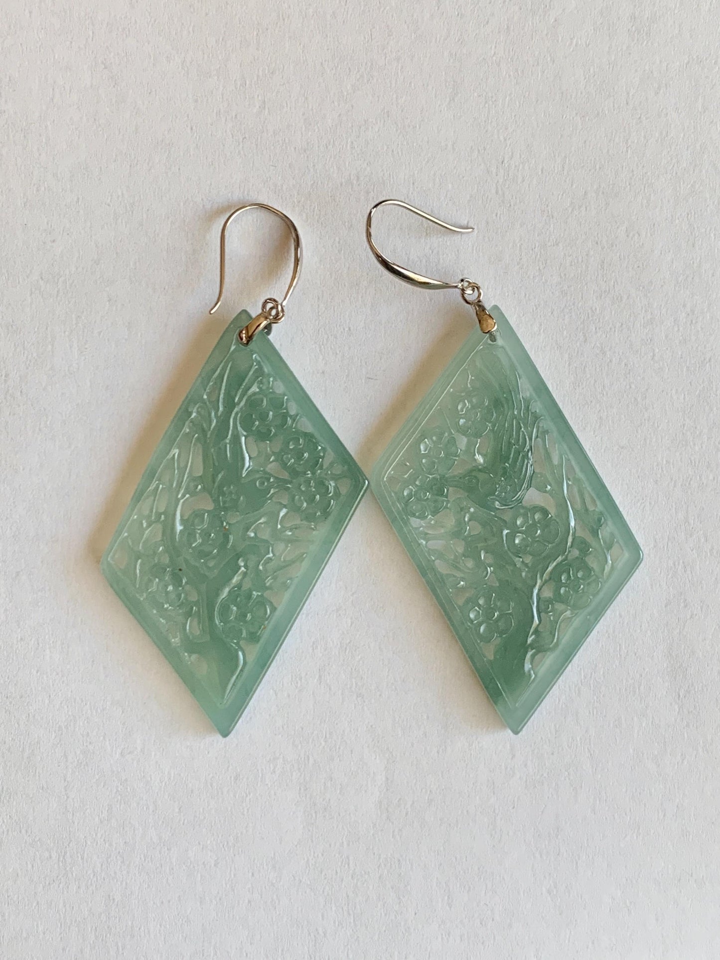 Natural Grade A Guatemalan Icy Translucent Dusty Blue Jade Jadeite Openwork Engraved Earrings Sterling Silver 天然冰危暗蓝翡翠镂空雕银耳钩 WXQ110B