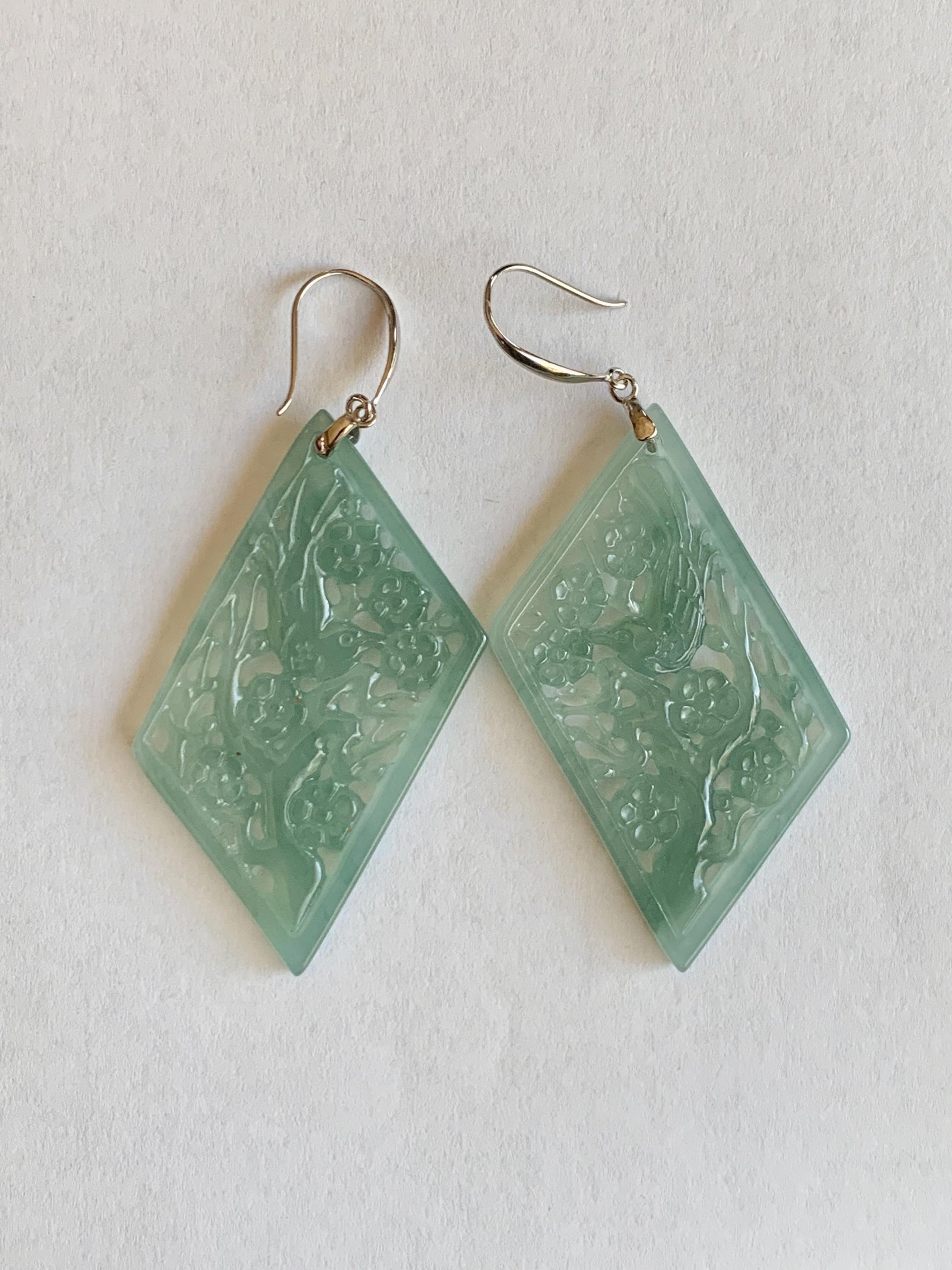 Natural Grade A Guatemalan Icy Translucent Dusty Blue Jade Jadeite Openwork Engraved Earrings Sterling Silver 天然冰危暗蓝翡翠镂空雕银耳钩 WXQ110B