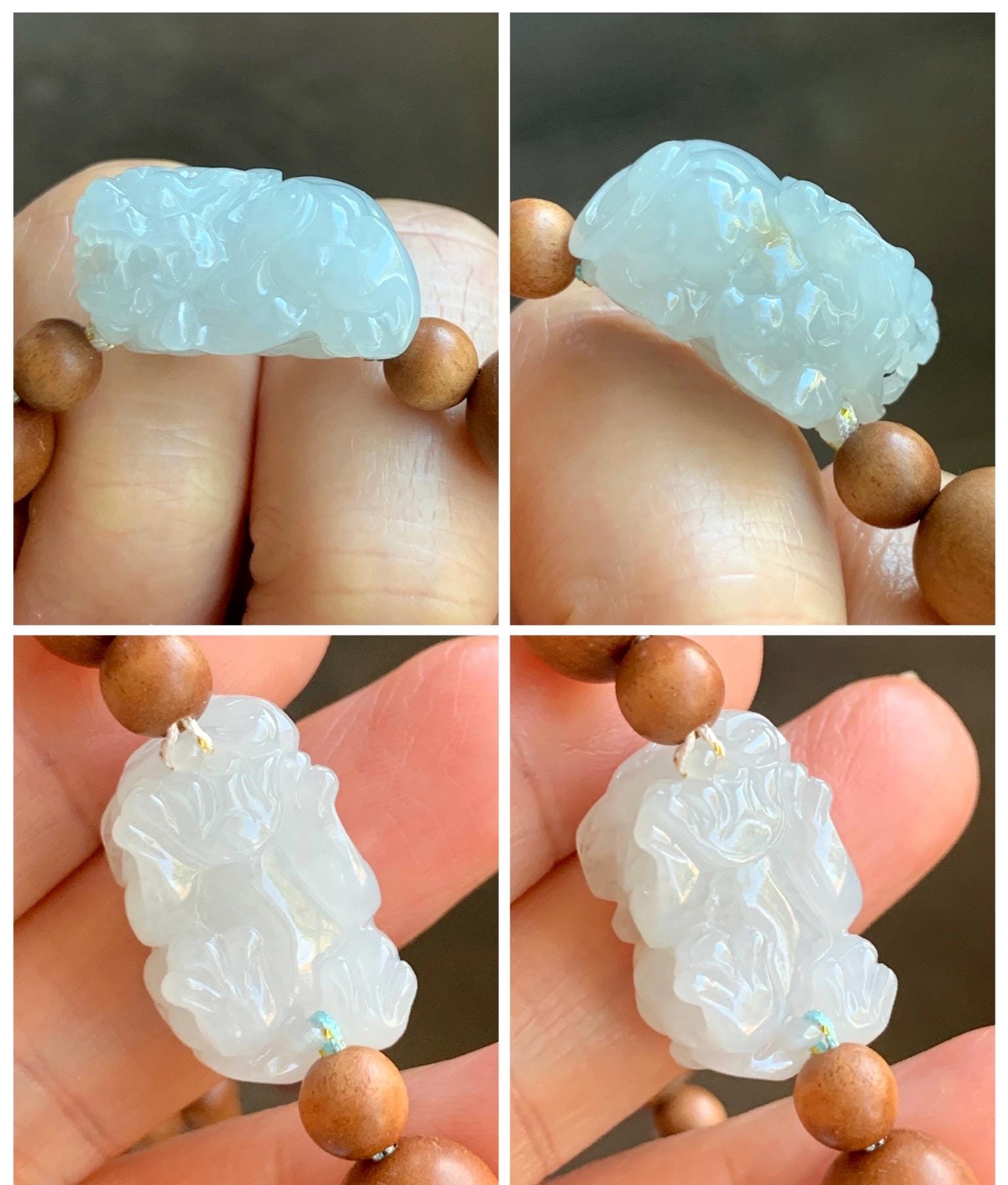Natural Grade A Icy Translucent White Jade Jadeite Carved Pixiu Wood Beads Beaded Bracelet 6.75" 18g 天然白冰翡翠貔貅木珠手串 MPT138B