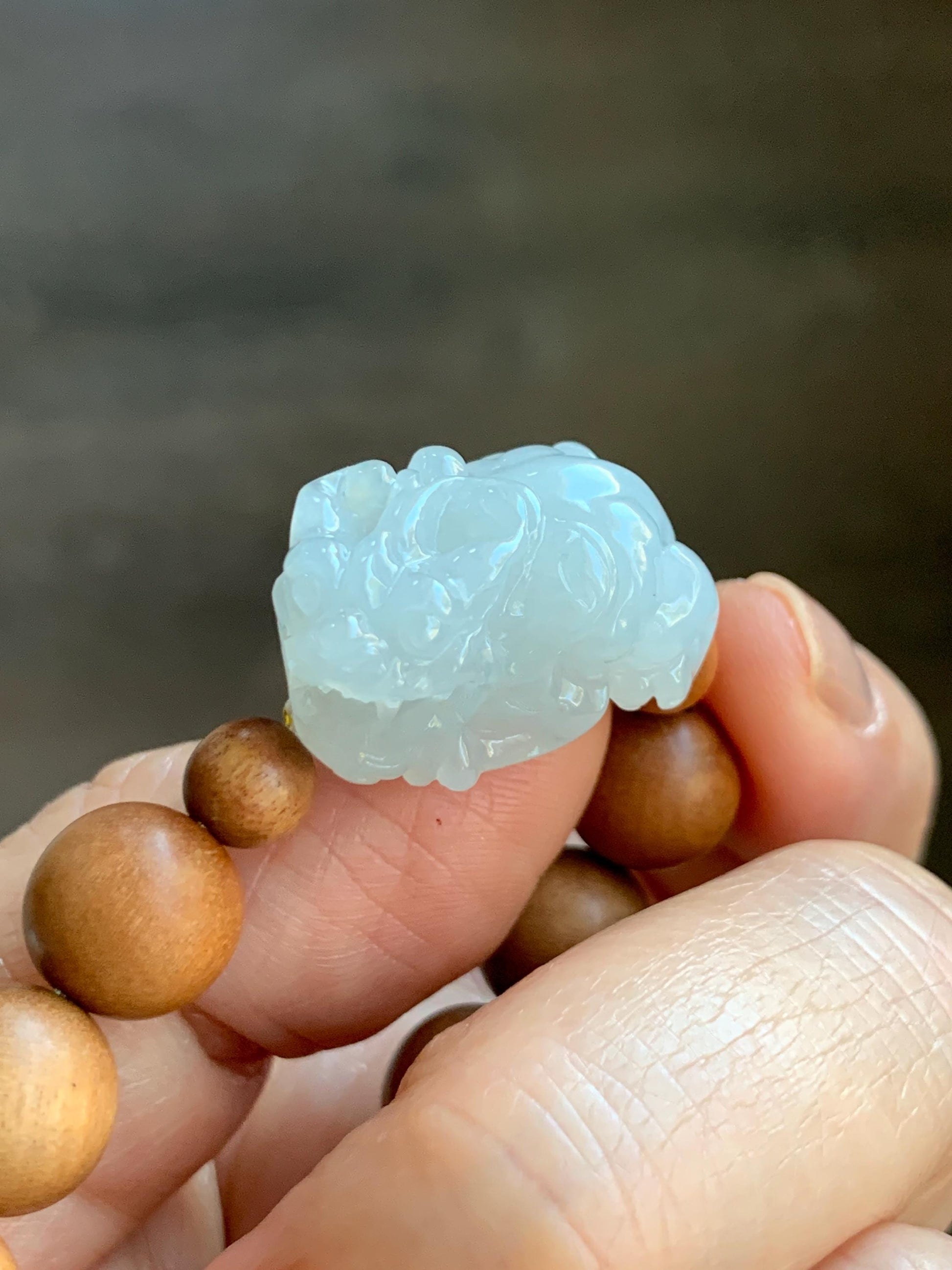 Natural Grade A Icy Translucent White Jade Jadeite Carved Pixiu Wood Beads Beaded Bracelet 6.75" 18g 天然白冰翡翠貔貅木珠手串 MPT138B