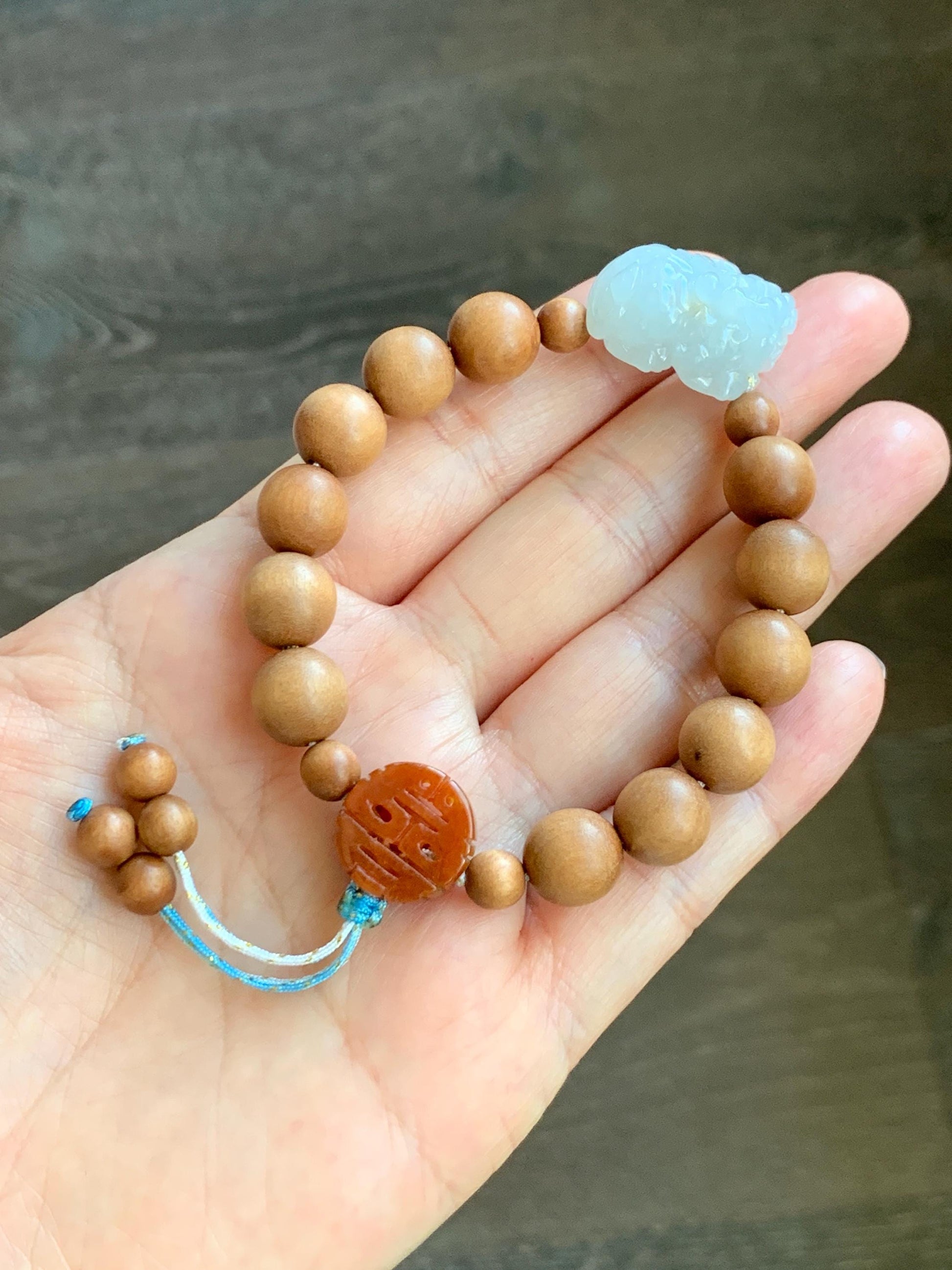 Natural Grade A Icy Translucent White Jade Jadeite Carved Pixiu Wood Beads Beaded Bracelet 6.75" 18g 天然白冰翡翠貔貅木珠手串 MPT138B