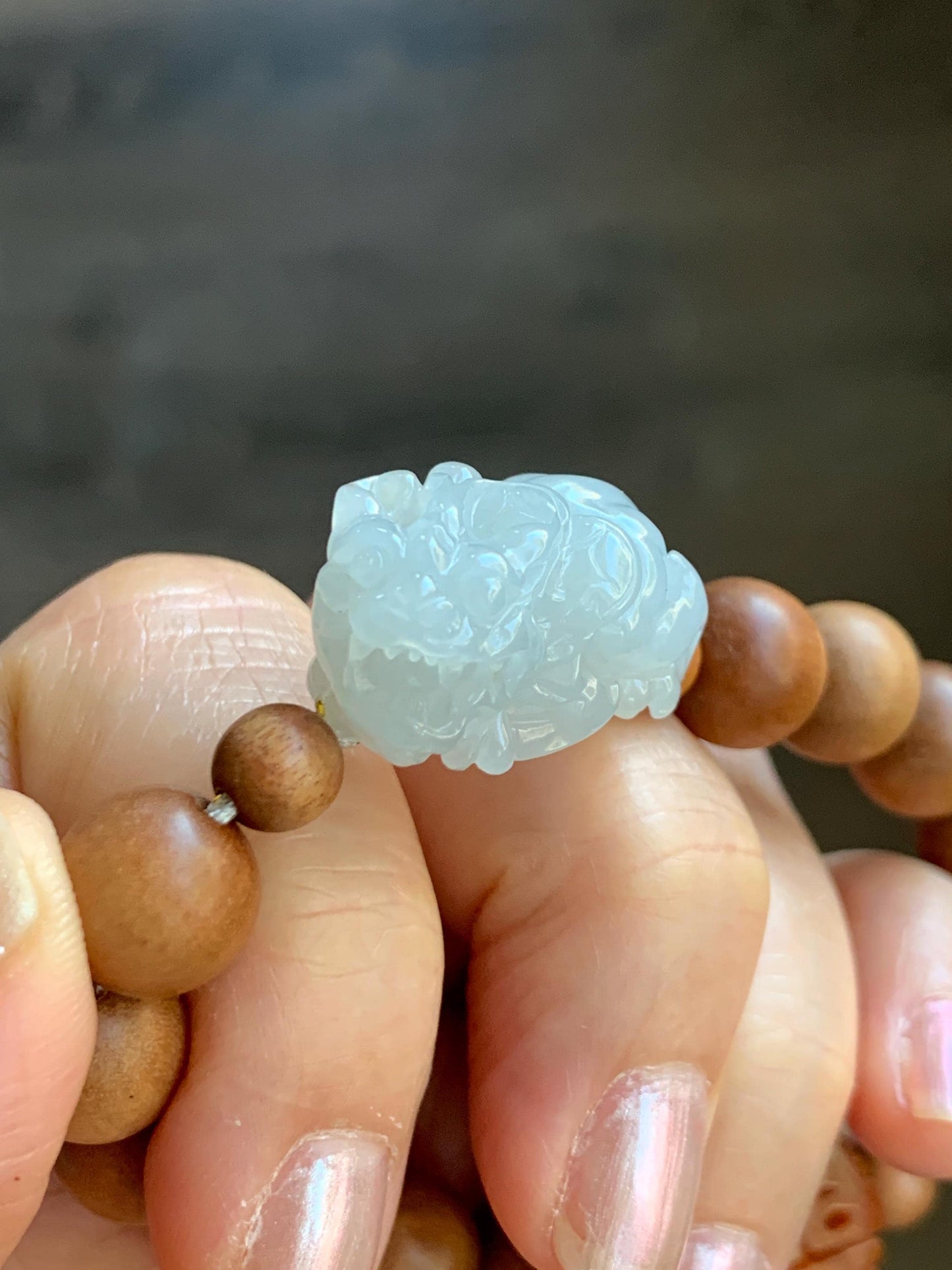 Natural Grade A Icy Translucent White Jade Jadeite Carved Pixiu Wood Beads Beaded Bracelet 6.75" 18g 天然白冰翡翠貔貅木珠手串 MPT138B