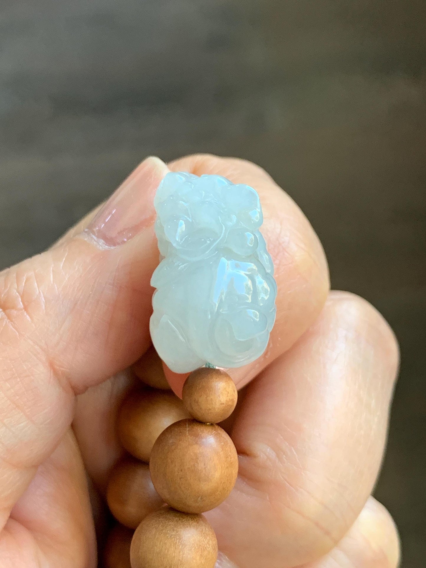 Natural Grade A Icy Translucent White Jade Jadeite Carved Pixiu Wood Beads Beaded Bracelet 6.75" 18g 天然白冰翡翠貔貅木珠手串 MPT138B