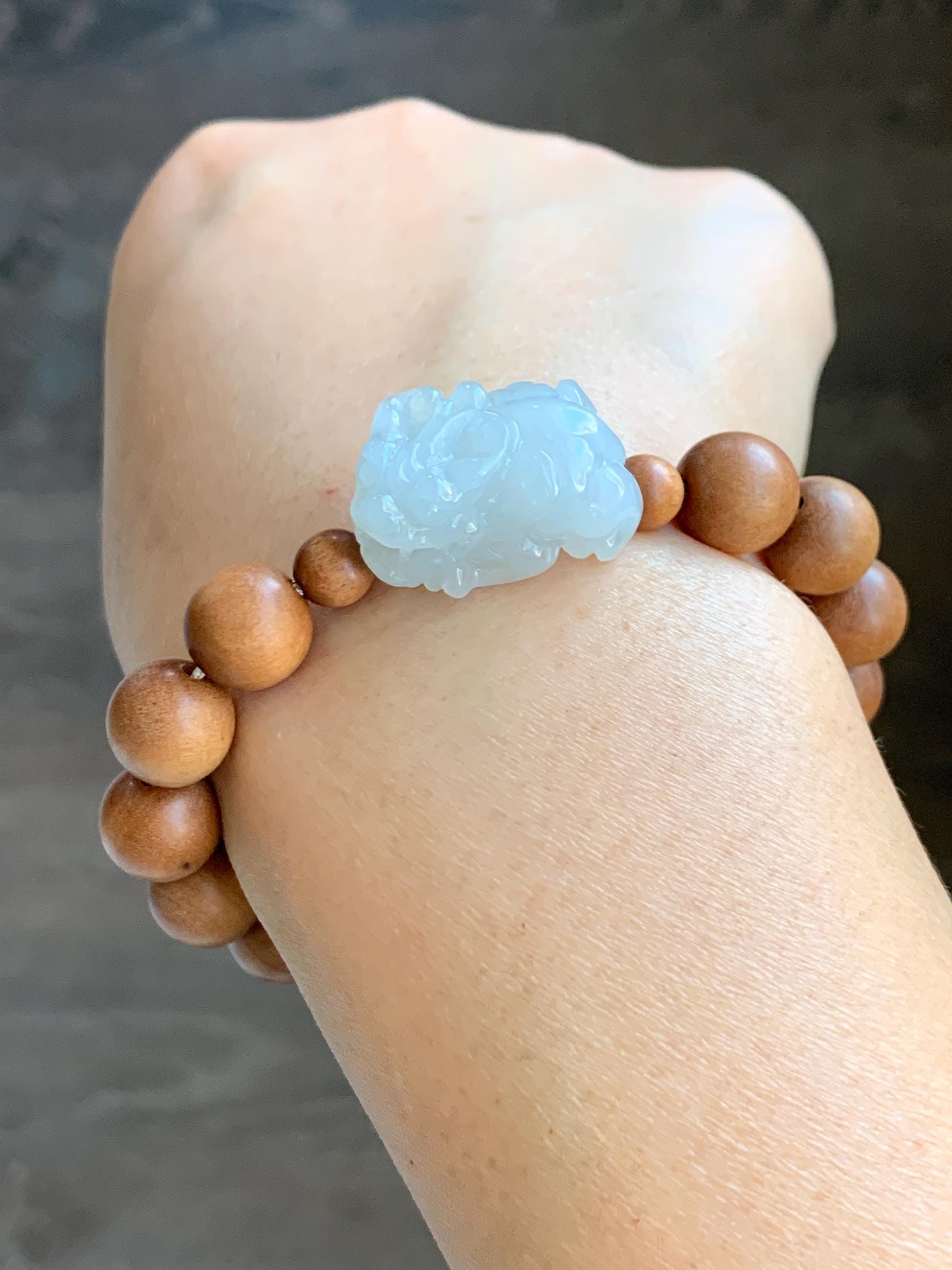 Natural Grade A Icy Translucent White Jade Jadeite Carved Pixiu Wood Beads Beaded Bracelet 6.75" 18g 天然白冰翡翠貔貅木珠手串 MPT138B