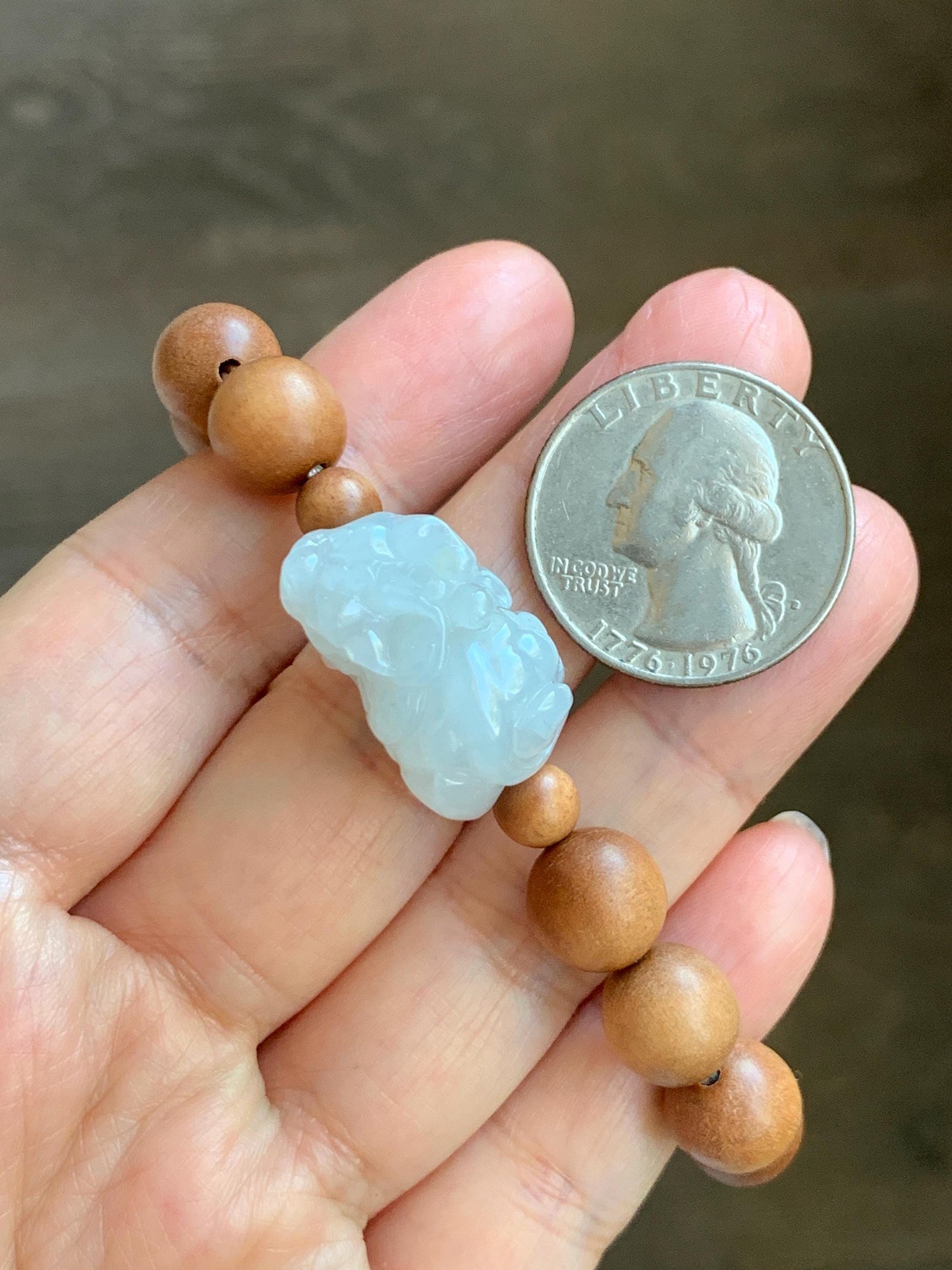 Natural Grade A Icy Translucent White Jade Jadeite Carved Pixiu Wood Beads Beaded Bracelet 6.75" 18g 天然白冰翡翠貔貅木珠手串 MPT138B