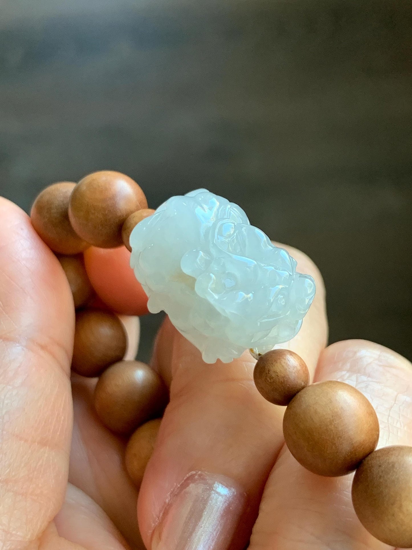 Natural Grade A Icy Translucent White Jade Jadeite Carved Pixiu Wood Beads Beaded Bracelet 6.75" 18g 天然白冰翡翠貔貅木珠手串 MPT138B