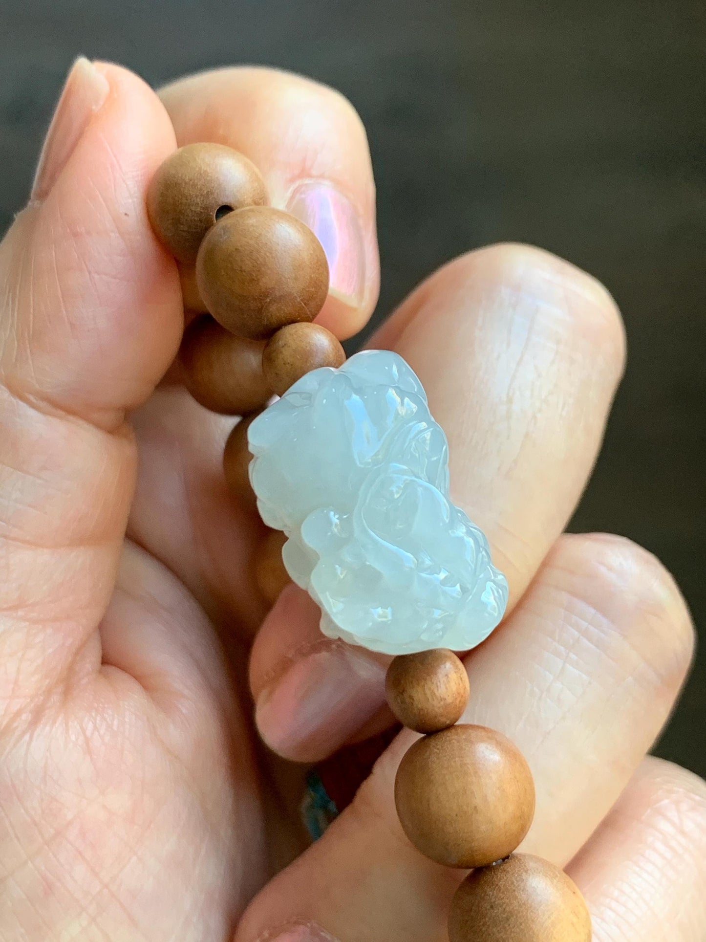 Natural Grade A Icy Translucent White Jade Jadeite Carved Pixiu Wood Beads Beaded Bracelet 6.75" 18g 天然白冰翡翠貔貅木珠手串 MPT138B