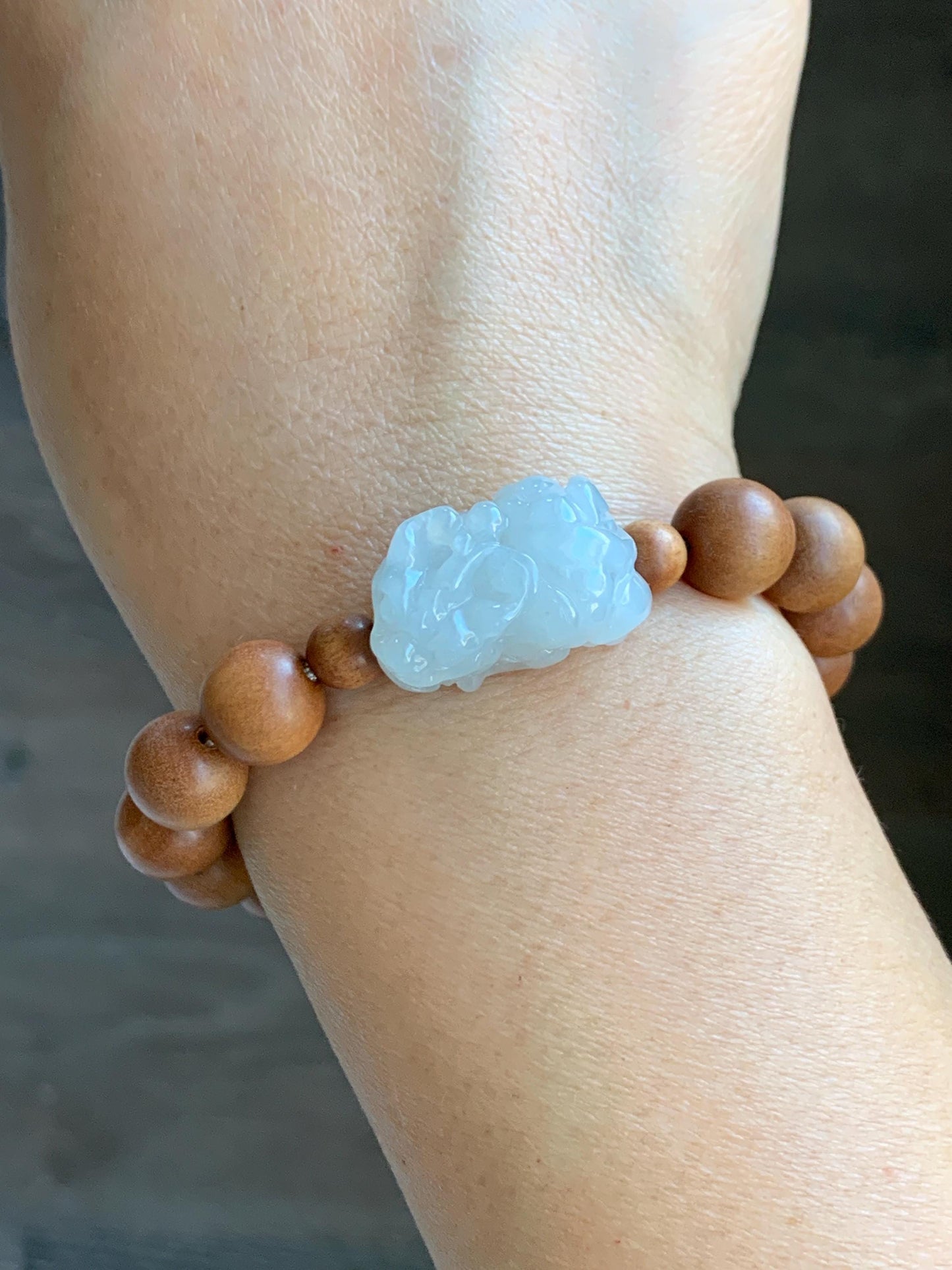 Natural Grade A Icy Translucent White Jade Jadeite Carved Pixiu Wood Beads Beaded Bracelet 6.75" 18g 天然白冰翡翠貔貅木珠手串 MPT138B