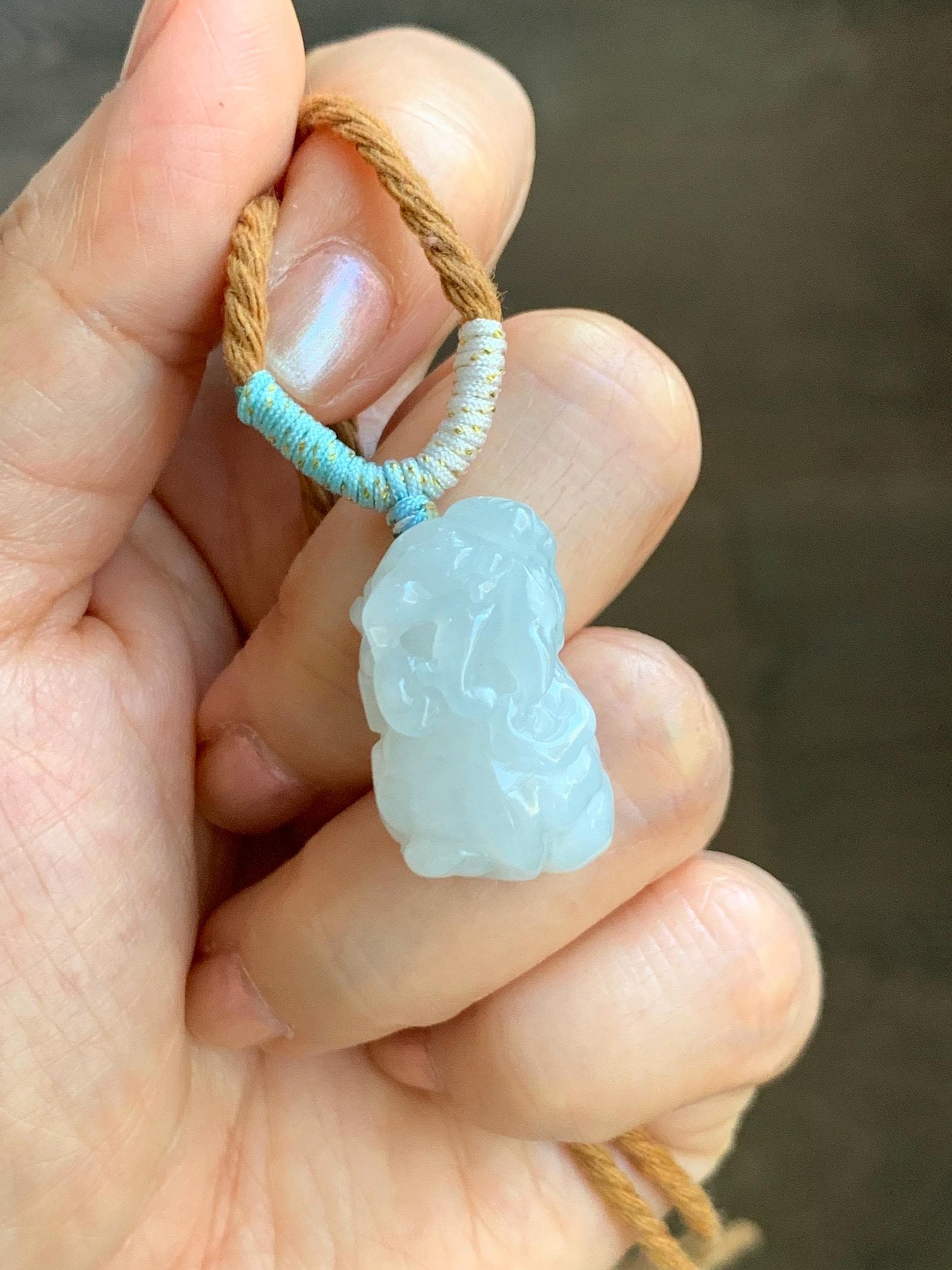 Natural Grade A Icy Translucent White Jade Jadeite Carved Pixiu Pendant Rope Necklace 26.5” 12g 天然白冰翡翠貔貅吊坠 MPG138N