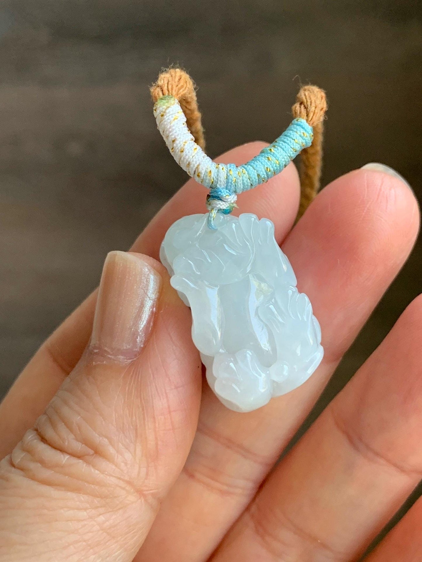 Natural Grade A Icy Translucent White Jade Jadeite Carved Pixiu Pendant Rope Necklace 26.5” 12g 天然白冰翡翠貔貅吊坠 MPG138N