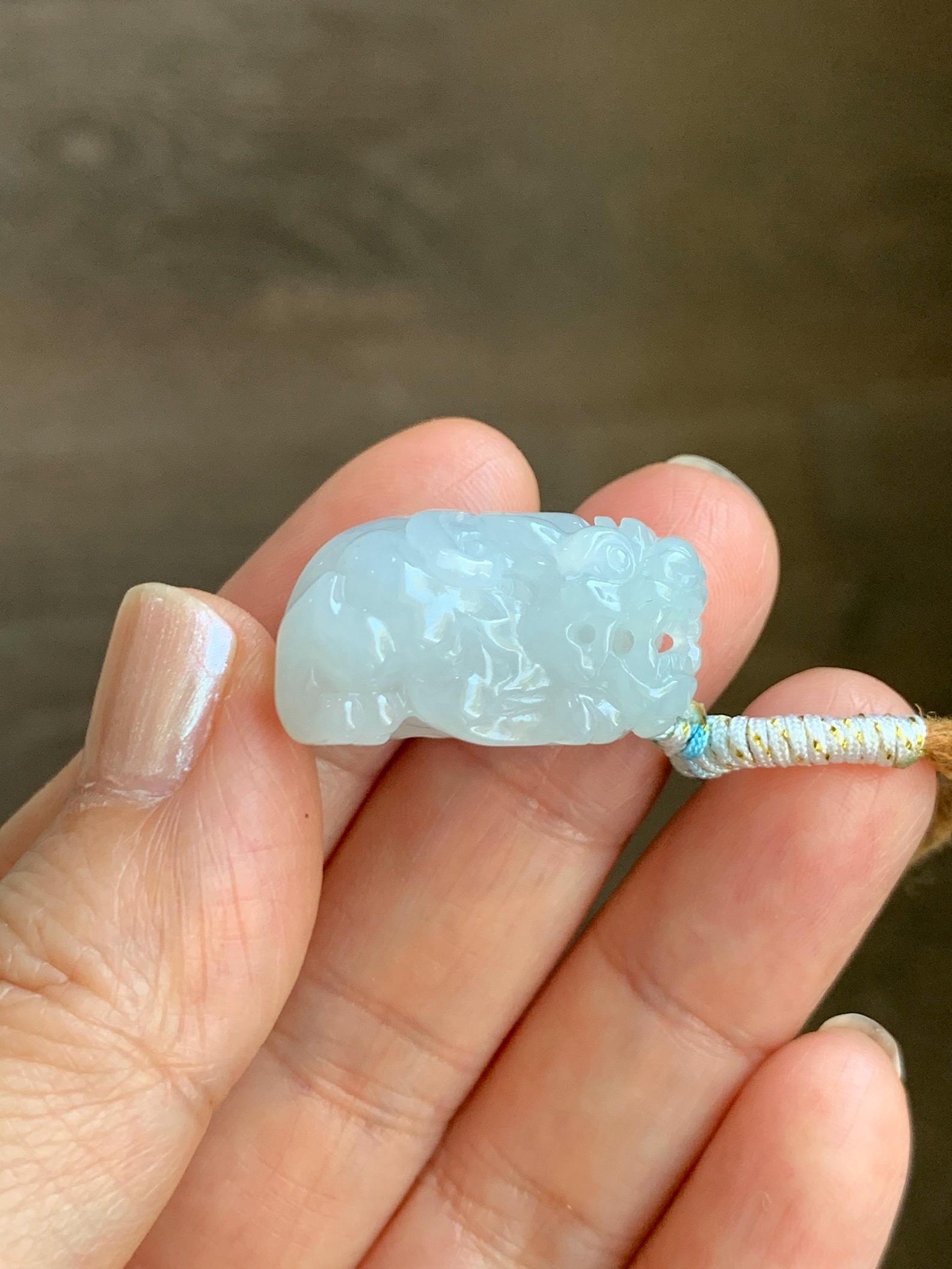Natural Grade A Icy Translucent White Jade Jadeite Carved Pixiu Pendant Rope Necklace 26.5” 12g 天然白冰翡翠貔貅吊坠 MPG138N