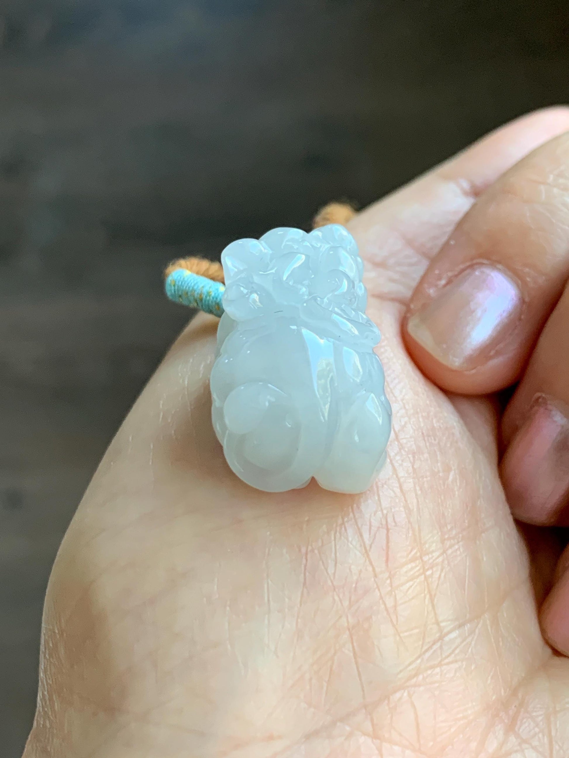 Natural Grade A Icy Translucent White Jade Jadeite Carved Pixiu Pendant Rope Necklace 26.5” 12g 天然白冰翡翠貔貅吊坠 MPG138N