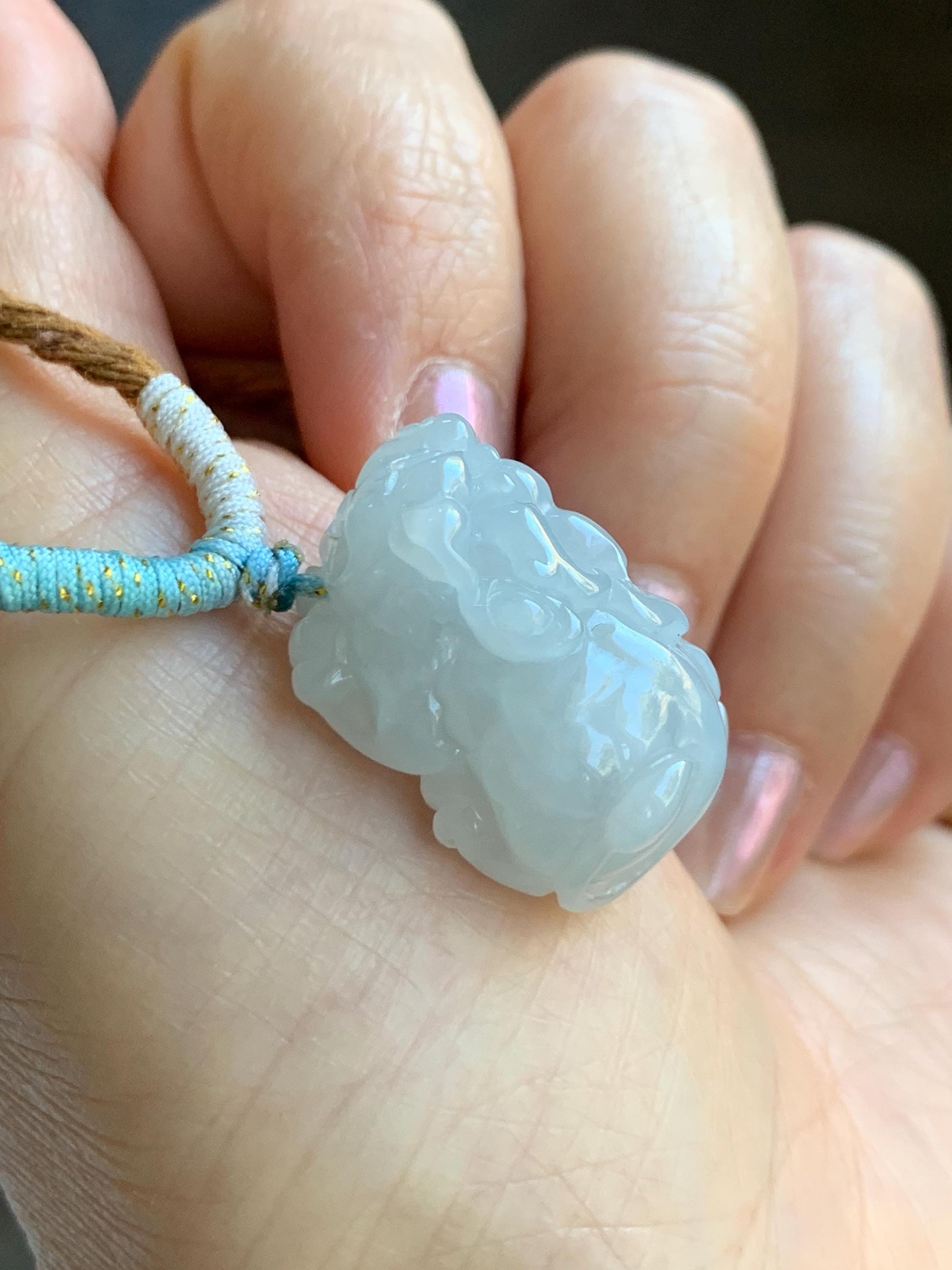 Natural Grade A Icy Translucent White Jade Jadeite Carved Pixiu Pendant Rope Necklace 26.5” 12g 天然白冰翡翠貔貅吊坠 MPG138N