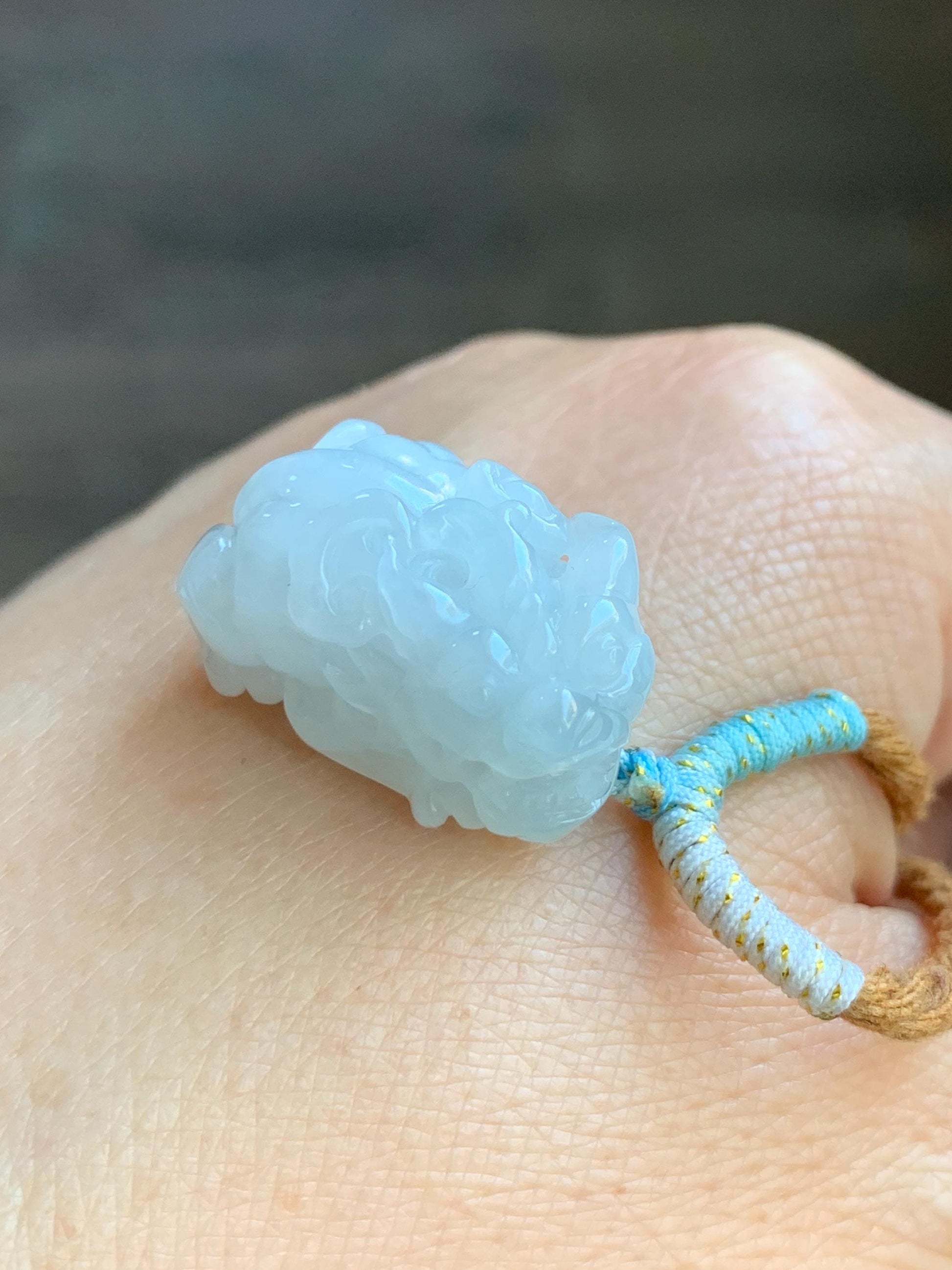 Natural Grade A Icy Translucent White Jade Jadeite Carved Pixiu Pendant Rope Necklace 26.5” 12g 天然白冰翡翠貔貅吊坠 MPG138N