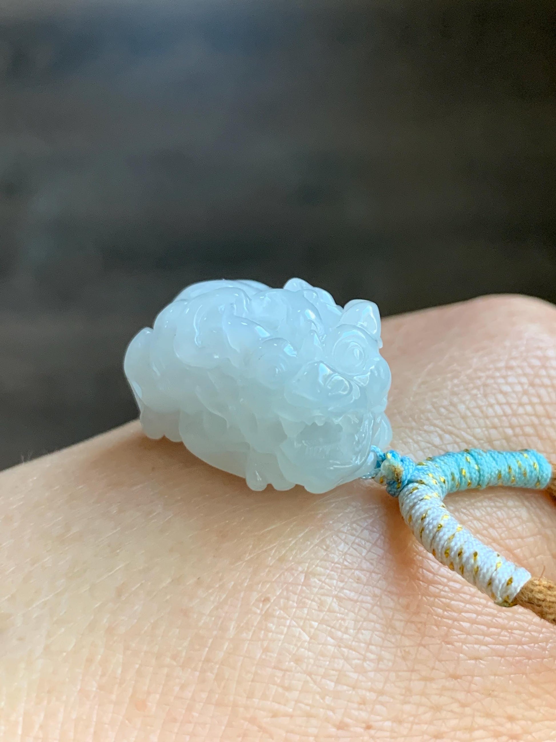 Natural Grade A Icy Translucent White Jade Jadeite Carved Pixiu Pendant Rope Necklace 26.5” 12g 天然白冰翡翠貔貅吊坠 MPG138N