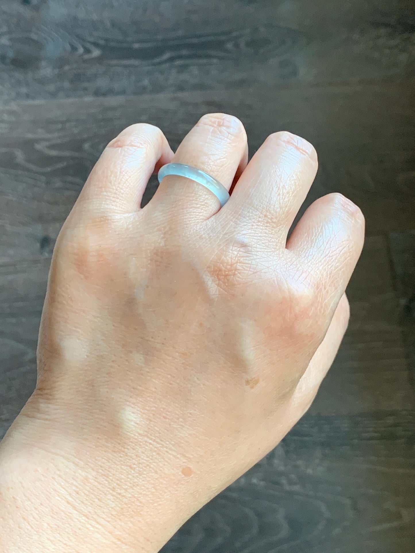 Natural Grade A Guatemalan Icy Highly Translucent Pastel Teal Blue Jade Jadeite Band Ring Size 8.5 US 天然冰危起光浅蓝绿翡翠戒圈 QWZ150F