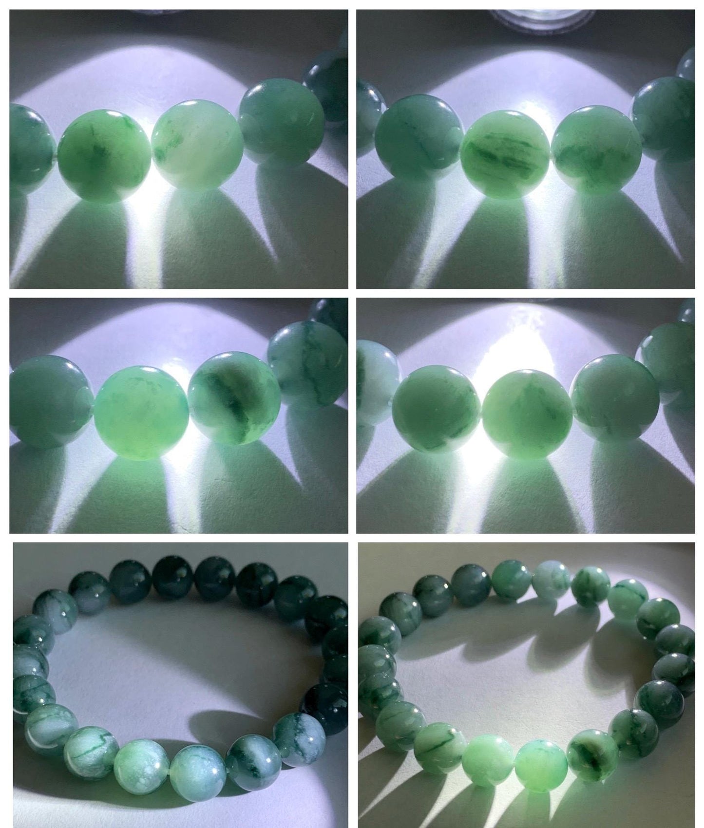 Natural Grade A Guatemalan Icy Translucent Dark Green Marbled Jade Jadeite Beaded Bracelet Stretchy 9.7mm 7.25” 32g 天然冰危飘绿花翡翠圆珠手串 WPH168