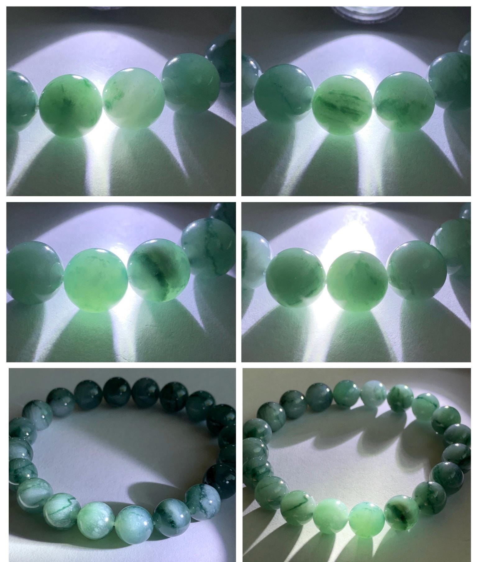 Natural Grade A Guatemalan Icy Translucent Dark Green Marbled Jade Jadeite Beaded Bracelet Stretchy 9.7mm 7.25” 32g 天然冰危飘绿花翡翠圆珠手串 WPH168