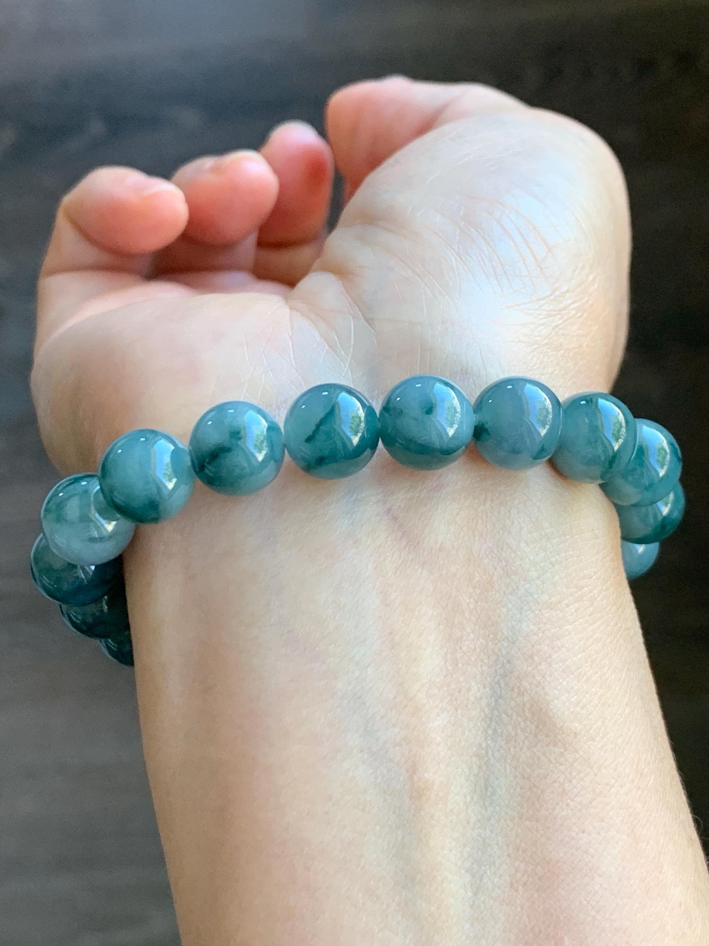 Natural Grade A Guatemalan Icy Translucent Dark Green Marbled Jade Jadeite Beaded Bracelet Stretchy 9.7mm 7.25” 32g 天然冰危飘绿花翡翠圆珠手串 WPH168