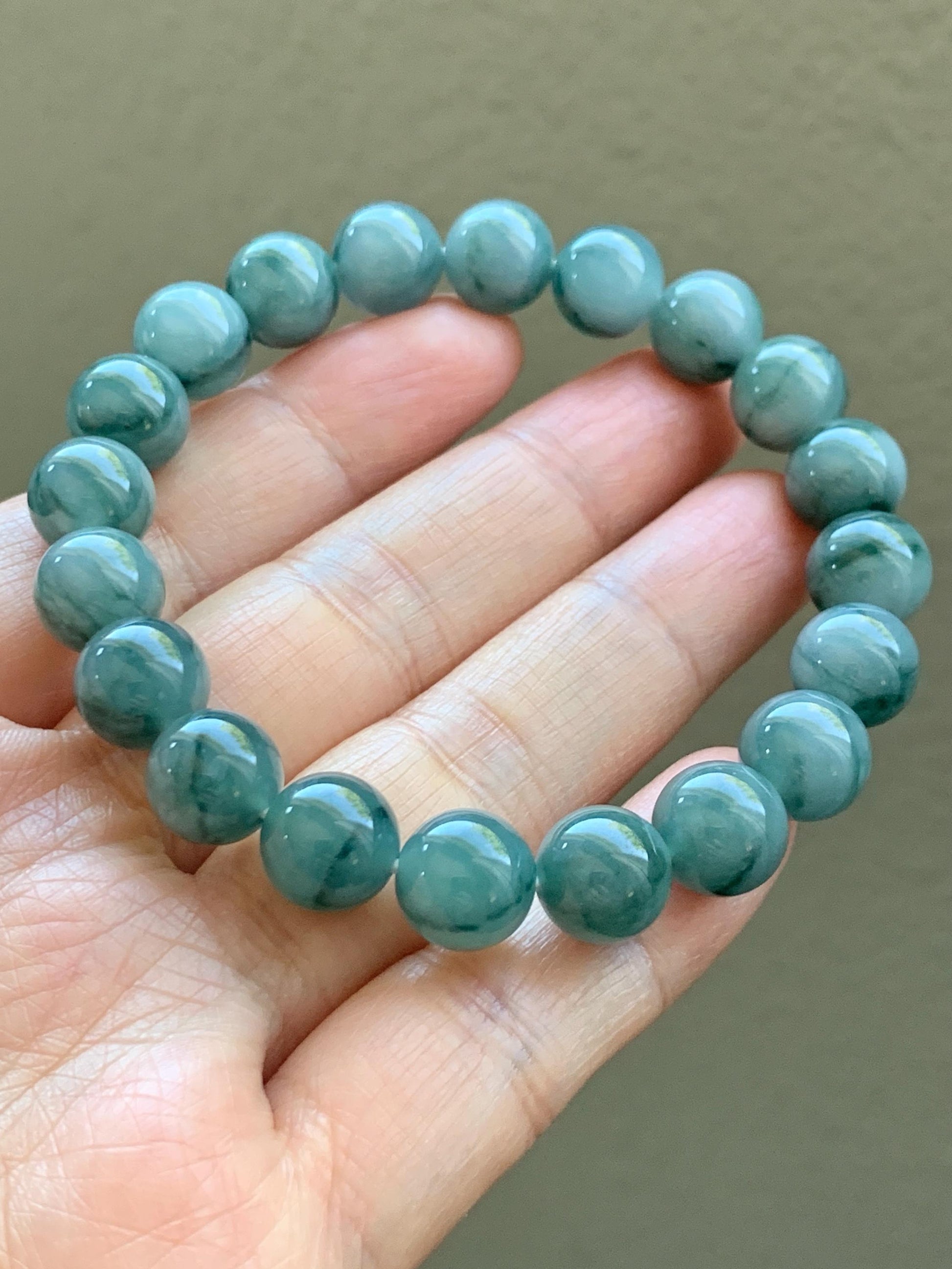 Natural Grade A Guatemalan Icy Translucent Dark Green Marbled Jade Jadeite Beaded Bracelet Stretchy 9.7mm 7.25” 32g 天然冰危飘绿花翡翠圆珠手串 WPH168