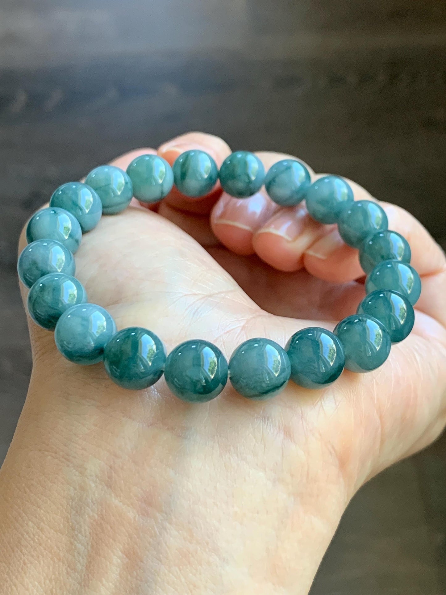 Natural Grade A Guatemalan Icy Translucent Dark Green Marbled Jade Jadeite Beaded Bracelet Stretchy 9.7mm 7.25” 32g 天然冰危飘绿花翡翠圆珠手串 WPH168