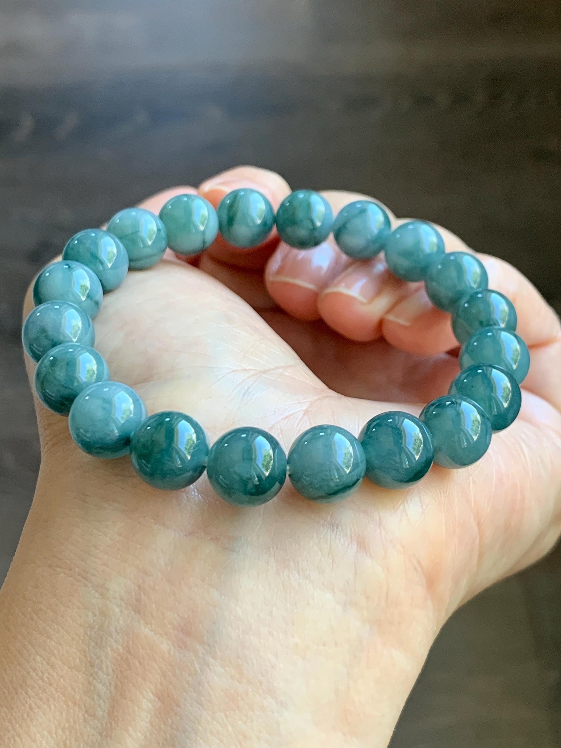 Natural Grade A Guatemalan Icy Translucent Dark Green Marbled Jade Jadeite Beaded Bracelet Stretchy 9.7mm 7.25” 32g 天然冰危飘绿花翡翠圆珠手串 WPH168