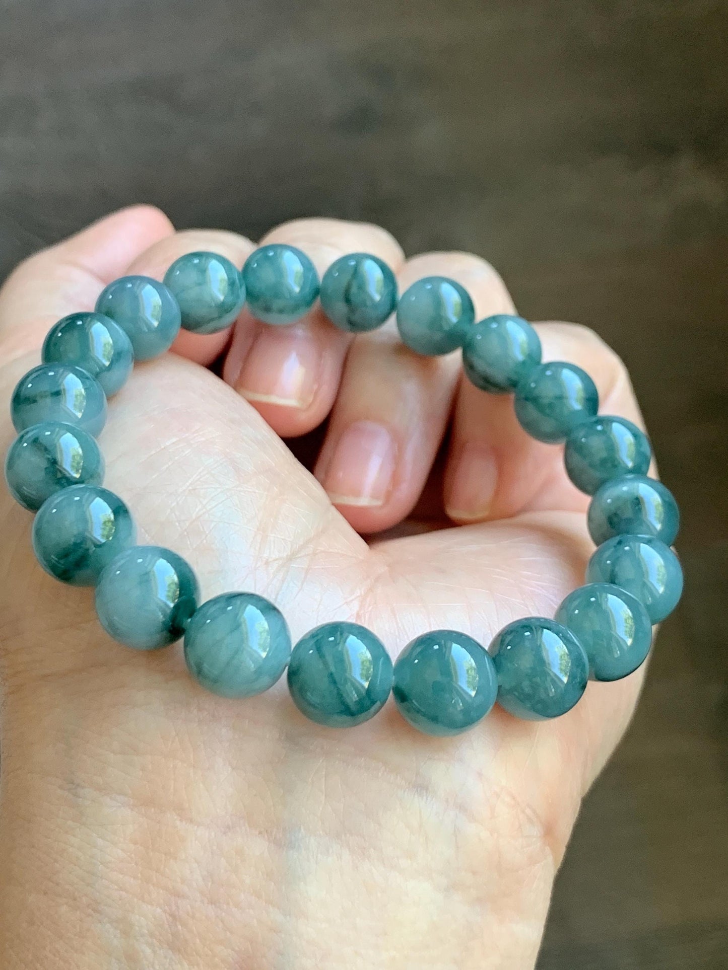 Natural Grade A Guatemalan Icy Translucent Dark Green Marbled Jade Jadeite Beaded Bracelet Stretchy 9.7mm 7.25” 32g 天然冰危飘绿花翡翠圆珠手串 WPH168
