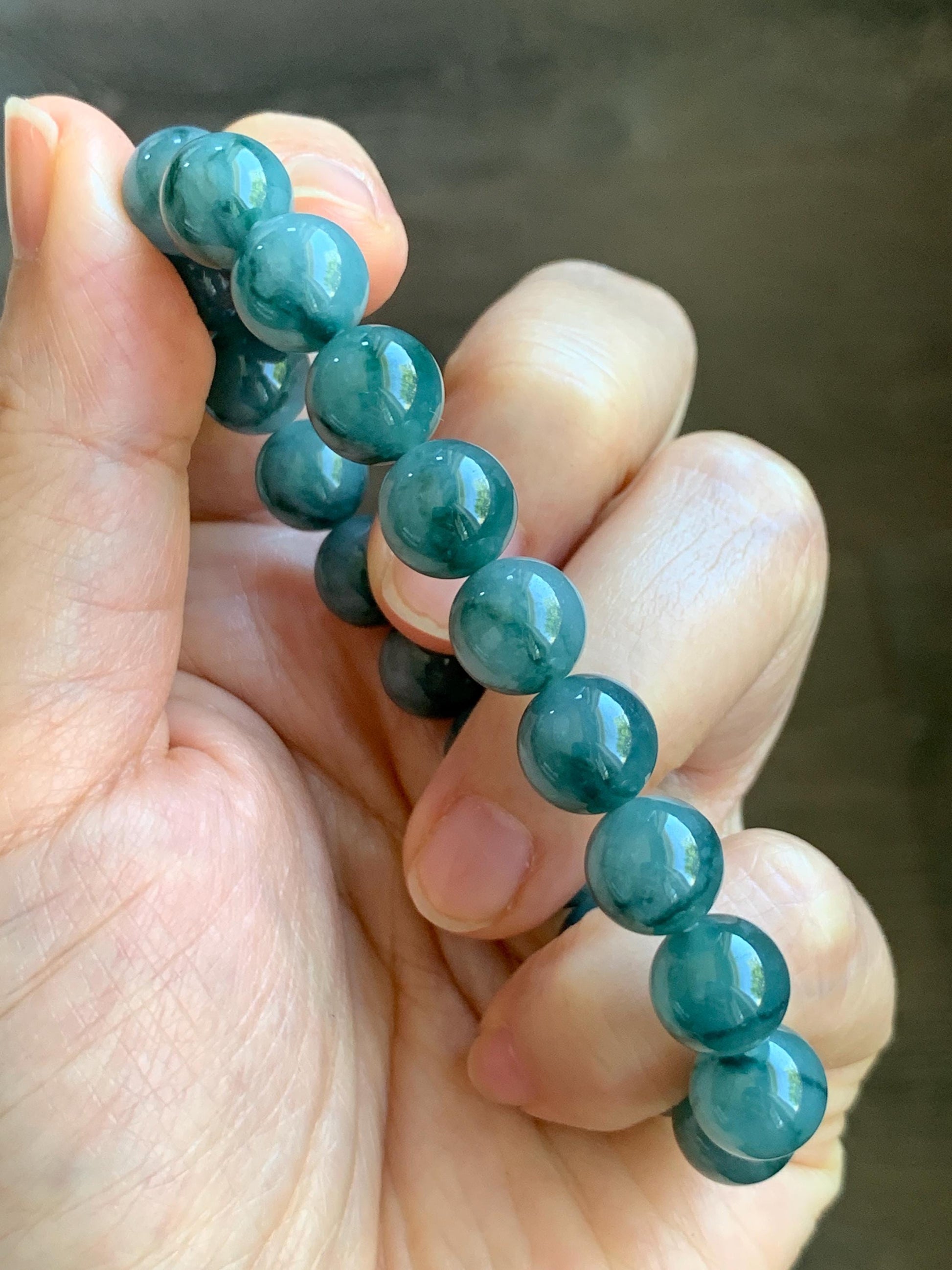 Natural Grade A Guatemalan Icy Translucent Dark Green Marbled Jade Jadeite Beaded Bracelet Stretchy 9.7mm 7.25” 32g 天然冰危飘绿花翡翠圆珠手串 WPH168