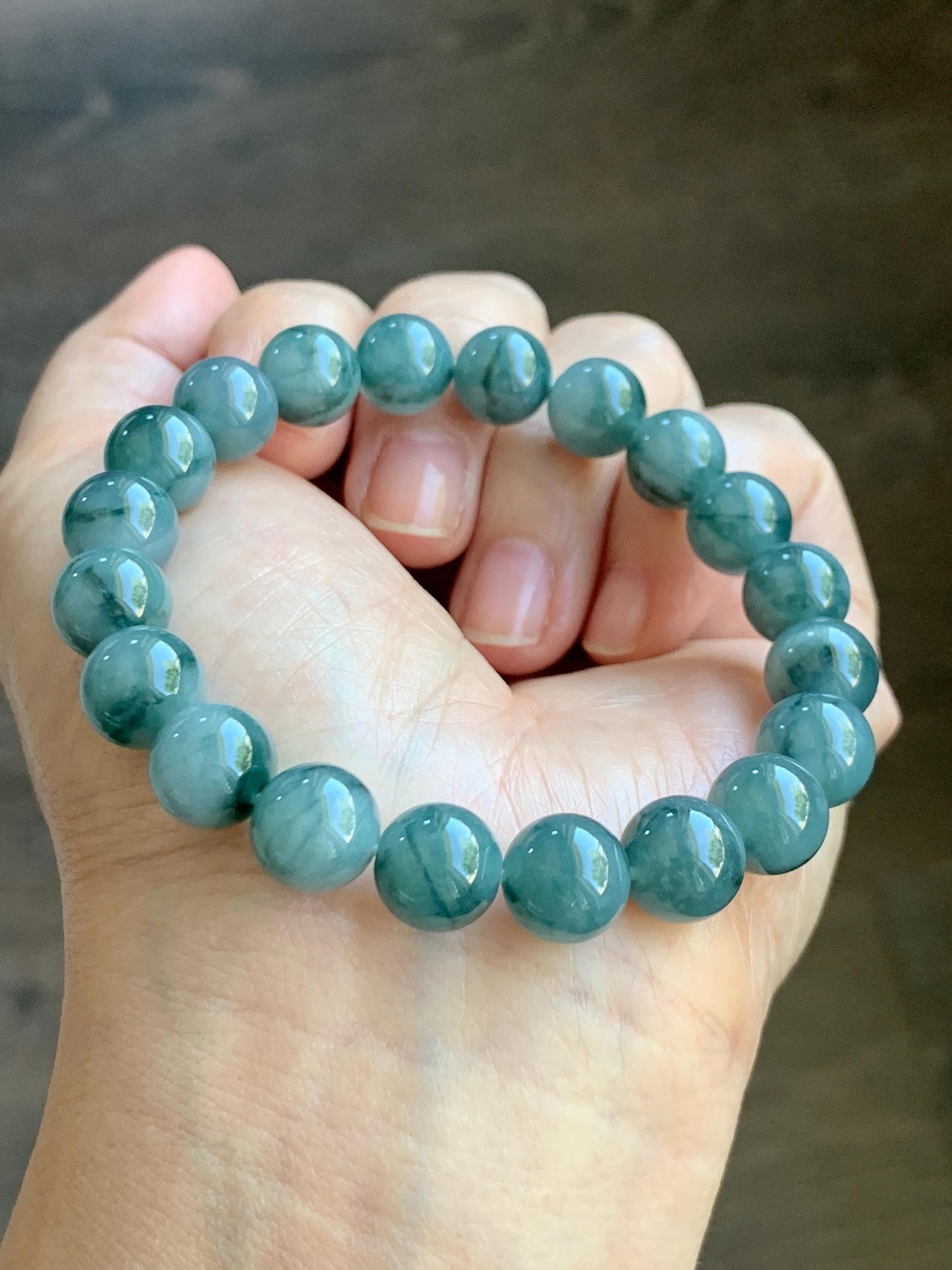Natural Grade A Guatemalan Icy Translucent Dark Green Marbled Jade Jadeite Beaded Bracelet Stretchy 9.7mm 7.25” 32g 天然冰危飘绿花翡翠圆珠手串 WPH168