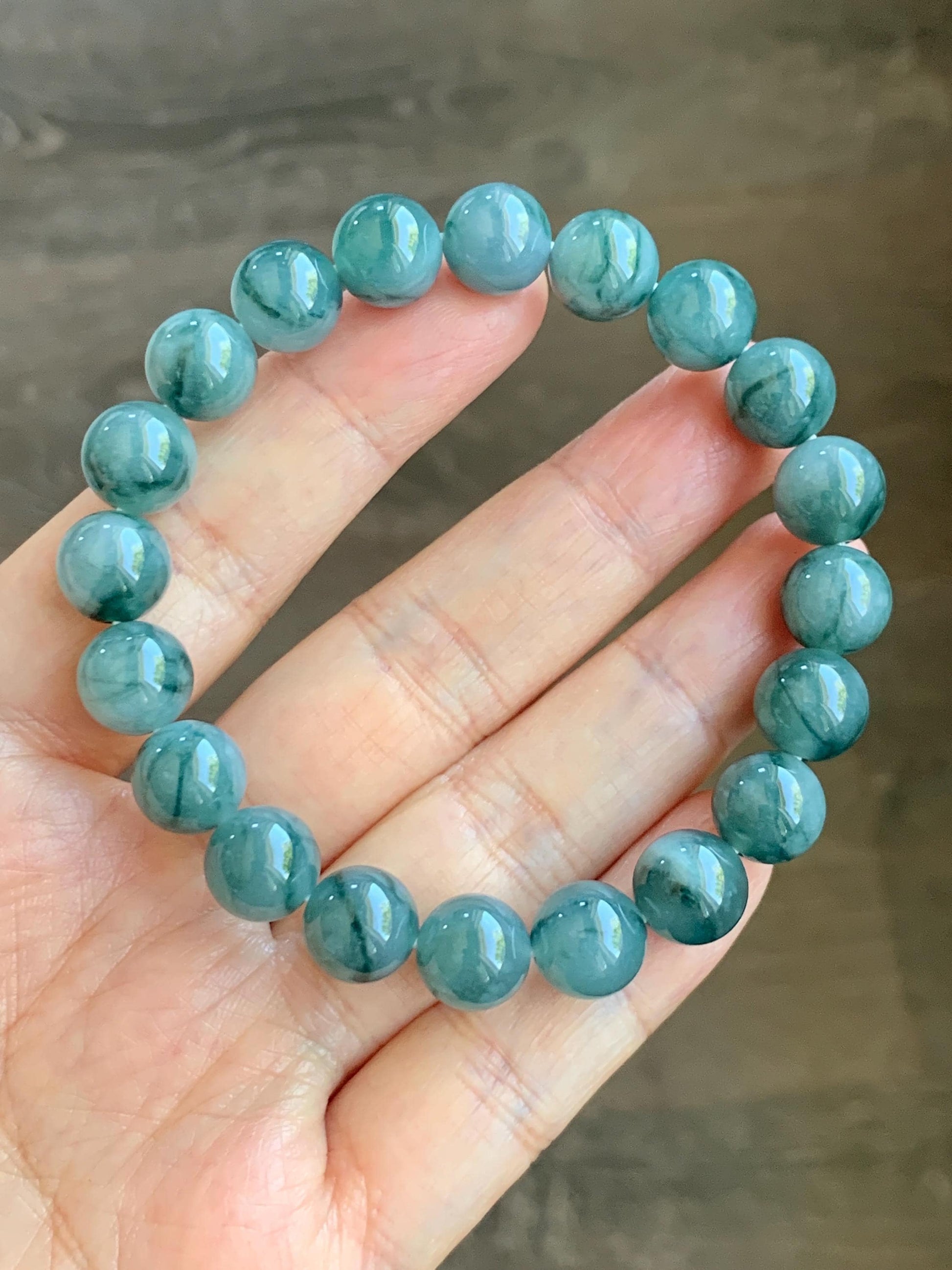 Natural Grade A Guatemalan Icy Translucent Dark Green Marbled Jade Jadeite Beaded Bracelet Stretchy 9.7mm 7.25” 32g 天然冰危飘绿花翡翠圆珠手串 WPH168