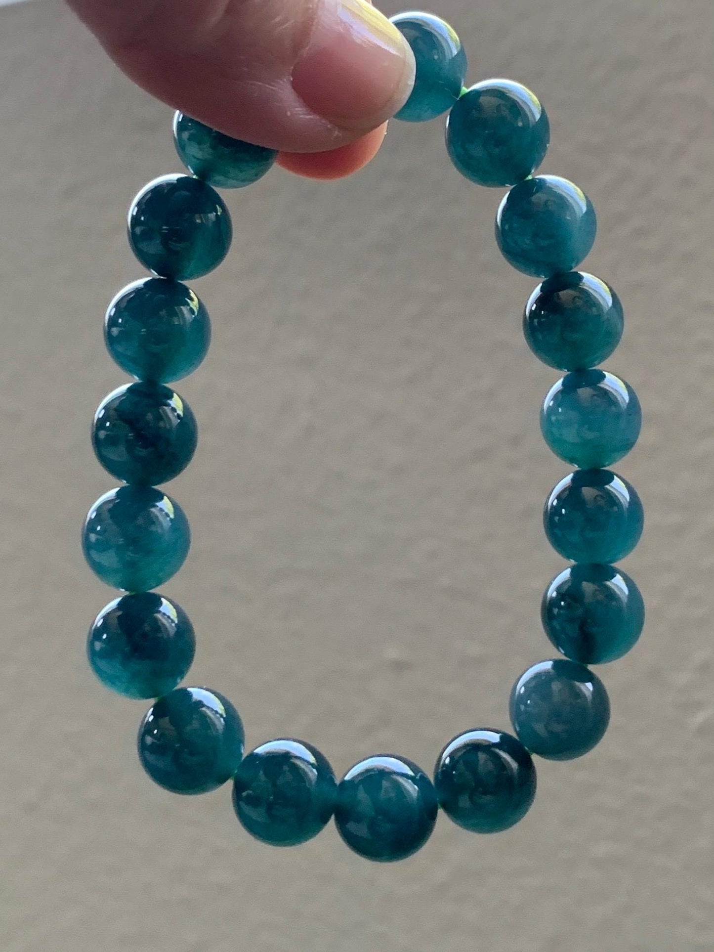 Natural Guatemalan Grade A Icy Translucent Dark Teal Blue Jade Jadeite Beaded Bracelet Stretchy 9.9mm 7” 32g 天然冰危深蓝绿翡翠圆珠手串 WSL268