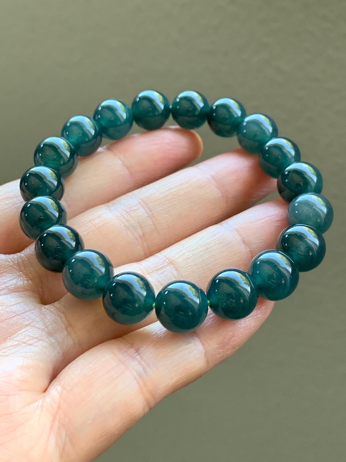 Natural Guatemalan Grade A Icy Translucent Dark Teal Blue Jade Jadeite Beaded Bracelet Stretchy 9.9mm 7” 32g 天然冰危深蓝绿翡翠圆珠手串 WSL268