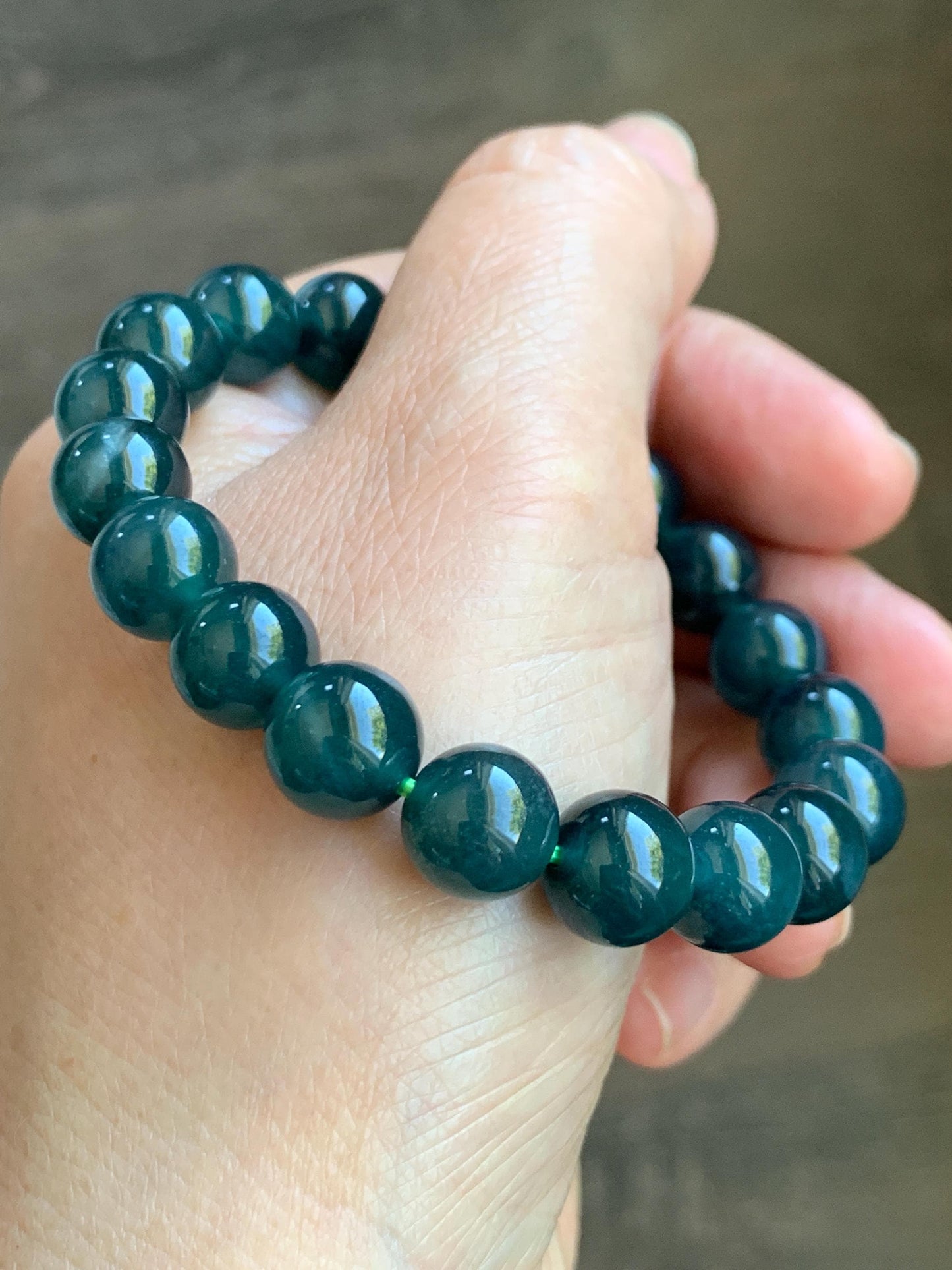 Natural Guatemalan Grade A Icy Translucent Dark Teal Blue Jade Jadeite Beaded Bracelet Stretchy 9.9mm 7” 32g 天然冰危深蓝绿翡翠圆珠手串 WSL268