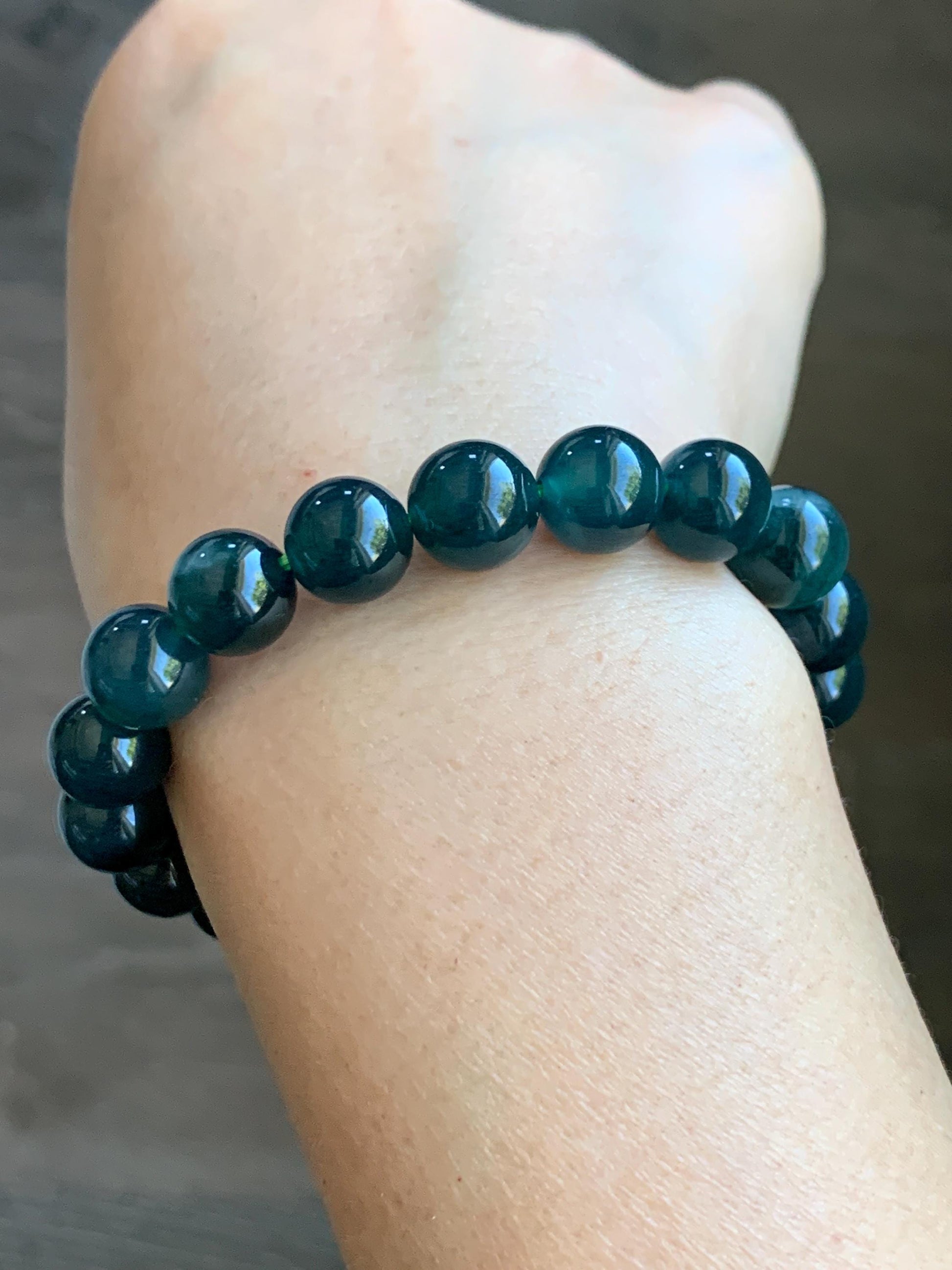Natural Guatemalan Grade A Icy Translucent Dark Teal Blue Jade Jadeite Beaded Bracelet Stretchy 9.9mm 7” 32g 天然冰危深蓝绿翡翠圆珠手串 WSL268