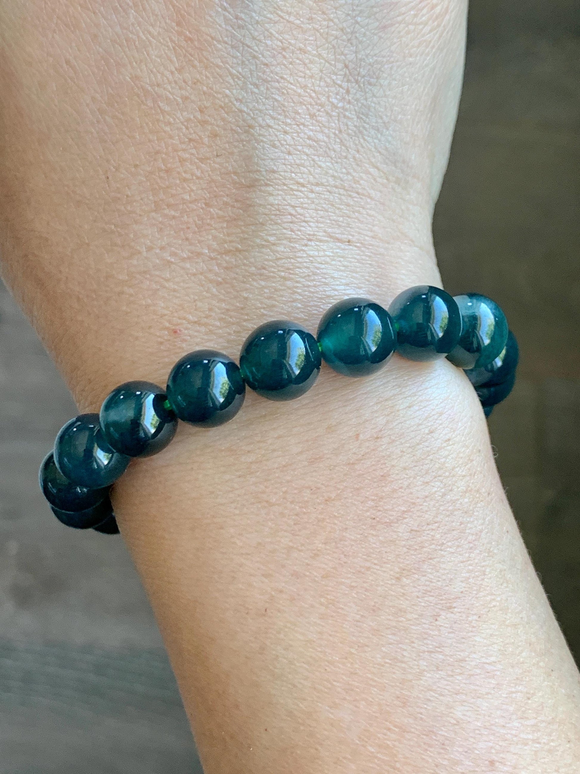 Natural Guatemalan Grade A Icy Translucent Dark Teal Blue Jade Jadeite Beaded Bracelet Stretchy 9.9mm 7” 32g 天然冰危深蓝绿翡翠圆珠手串 WSL268