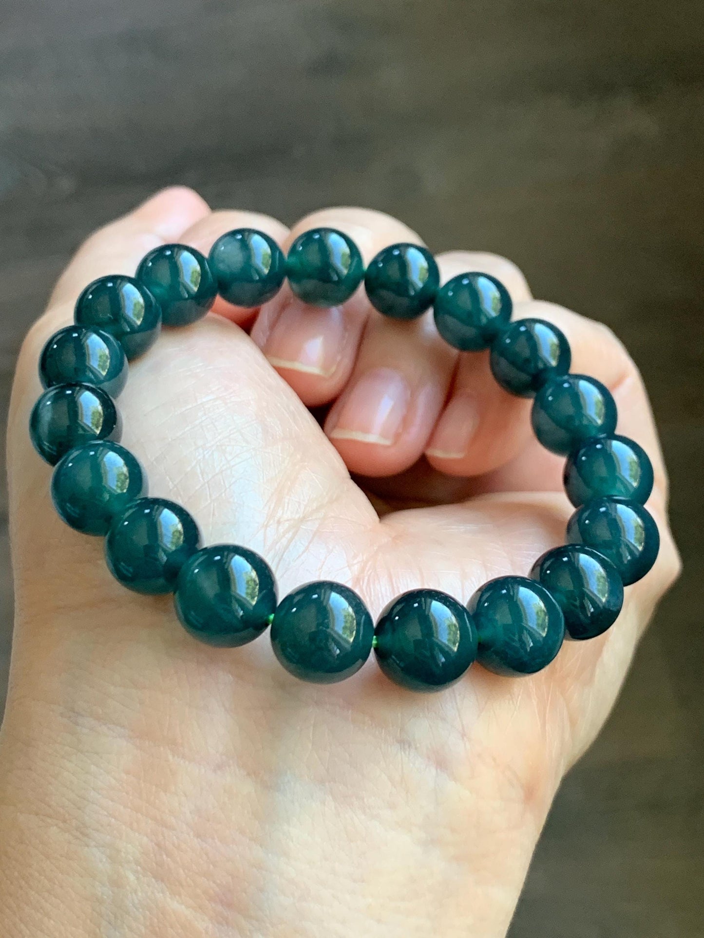 Natural Guatemalan Grade A Icy Translucent Dark Teal Blue Jade Jadeite Beaded Bracelet Stretchy 9.9mm 7” 32g 天然冰危深蓝绿翡翠圆珠手串 WSL268