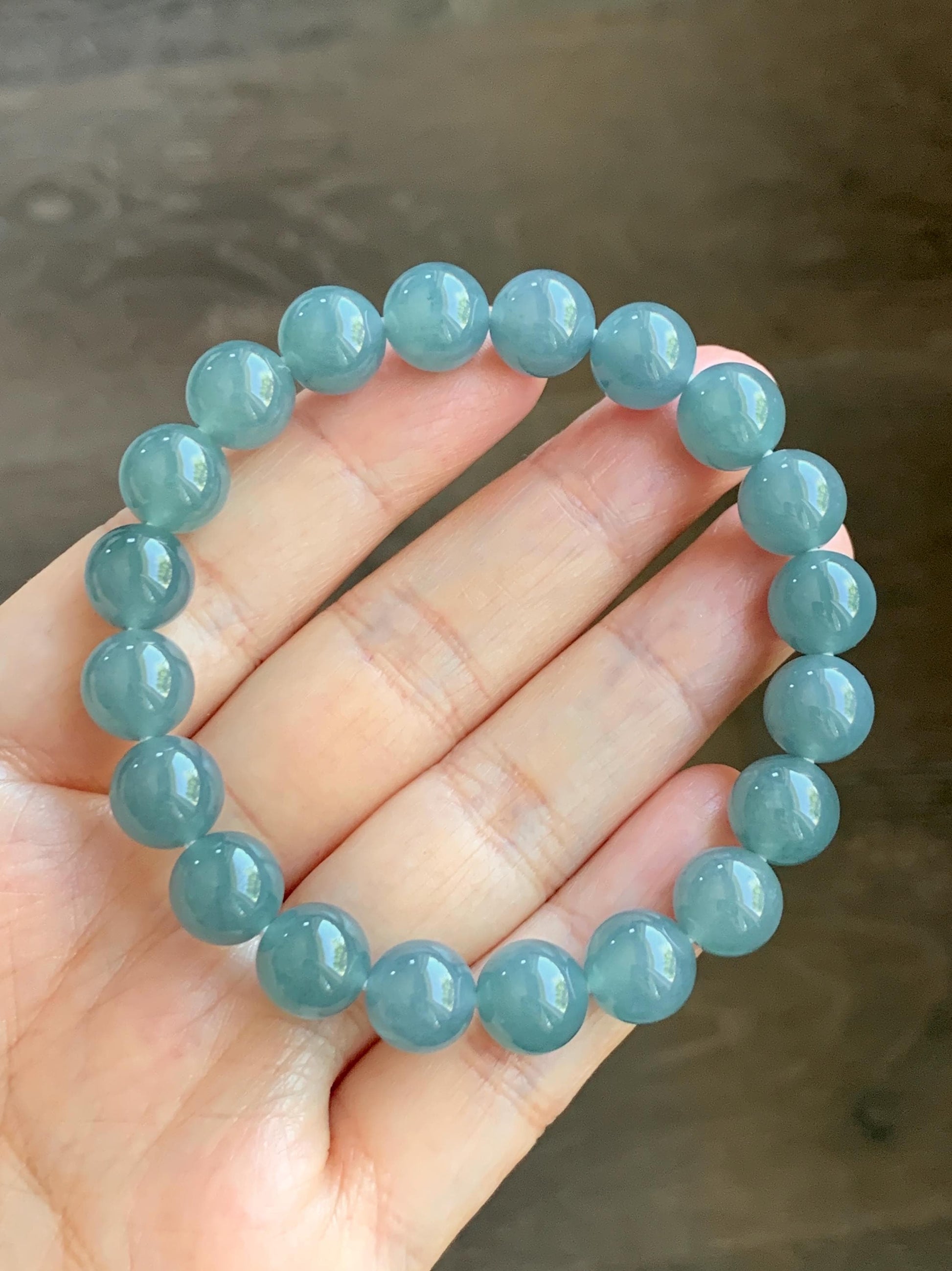 Natural Grade A Guatemalan Icy Translucent Dusty Blue Jade Jadeite Beaded Bracelet Stretchy 9.6mm 7” 31g 天然冰危蓝翡翠圆珠手串 WQL150