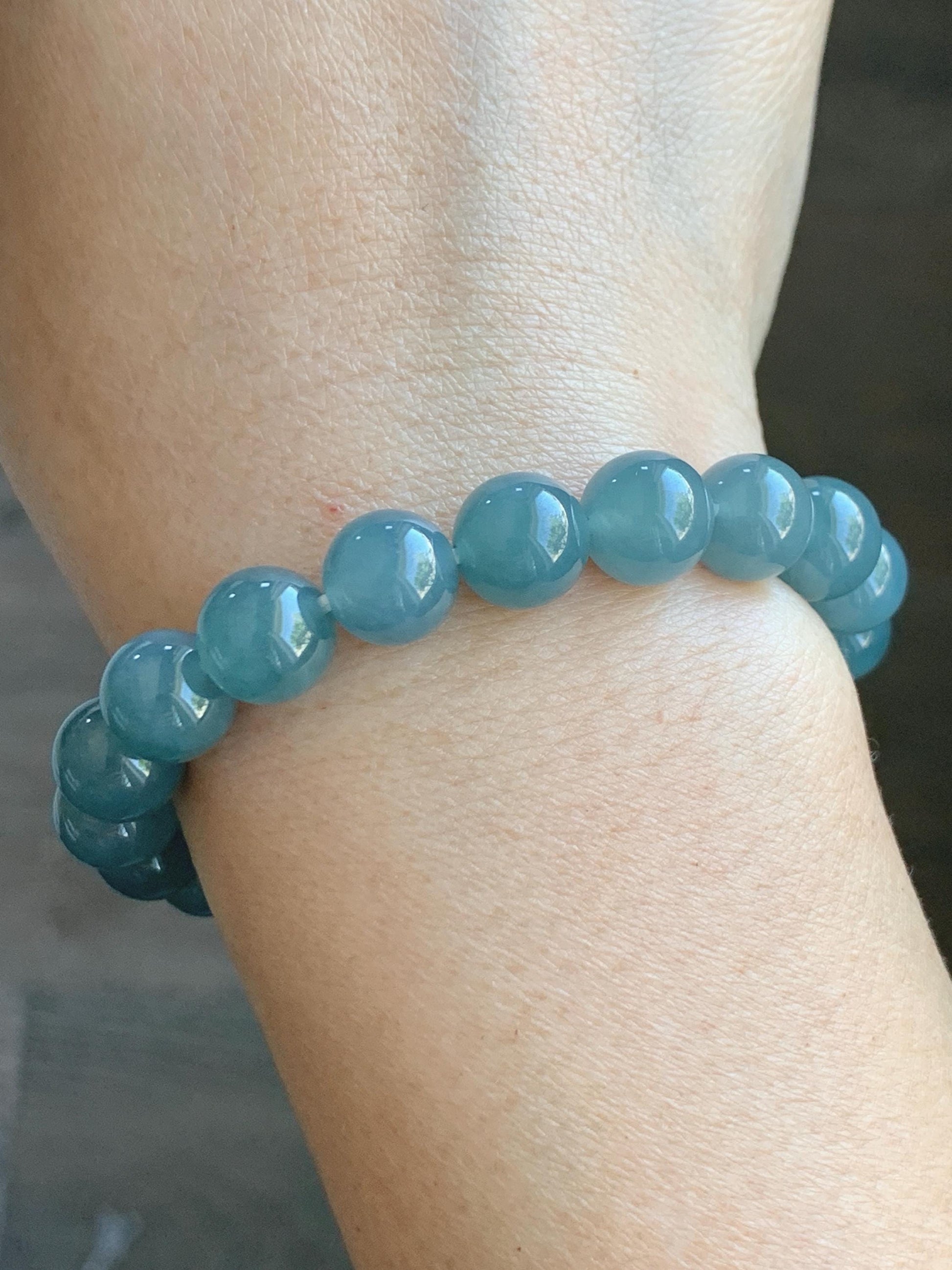 Natural Grade A Guatemalan Icy Translucent Dusty Blue Jade Jadeite Beaded Bracelet Stretchy 9.6mm 7” 31g 天然冰危蓝翡翠圆珠手串 WQL150