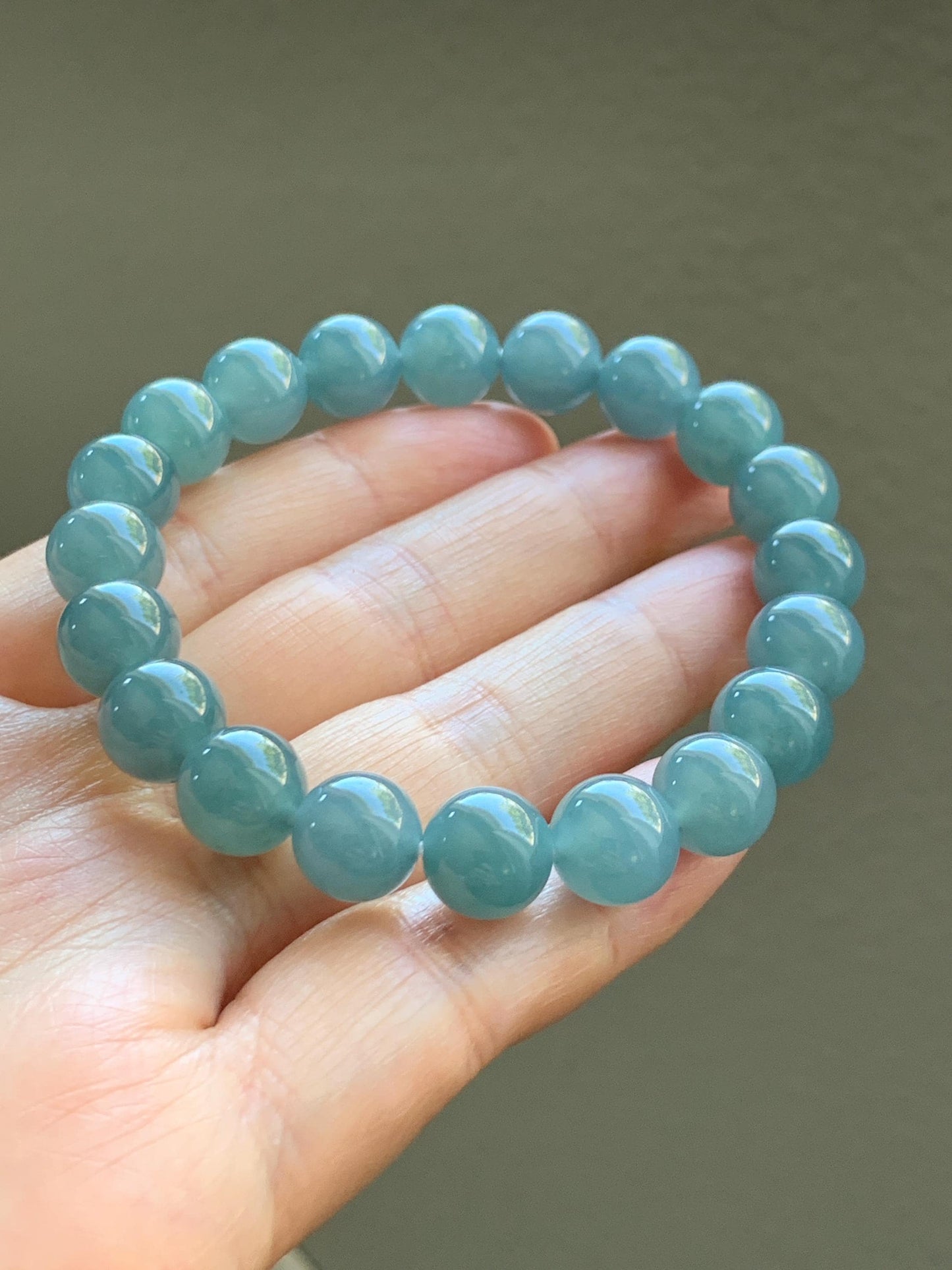 Natural Grade A Guatemalan Icy Translucent Dusty Blue Jade Jadeite Beaded Bracelet Stretchy 9.6mm 7” 31g 天然冰危蓝翡翠圆珠手串 WQL150
