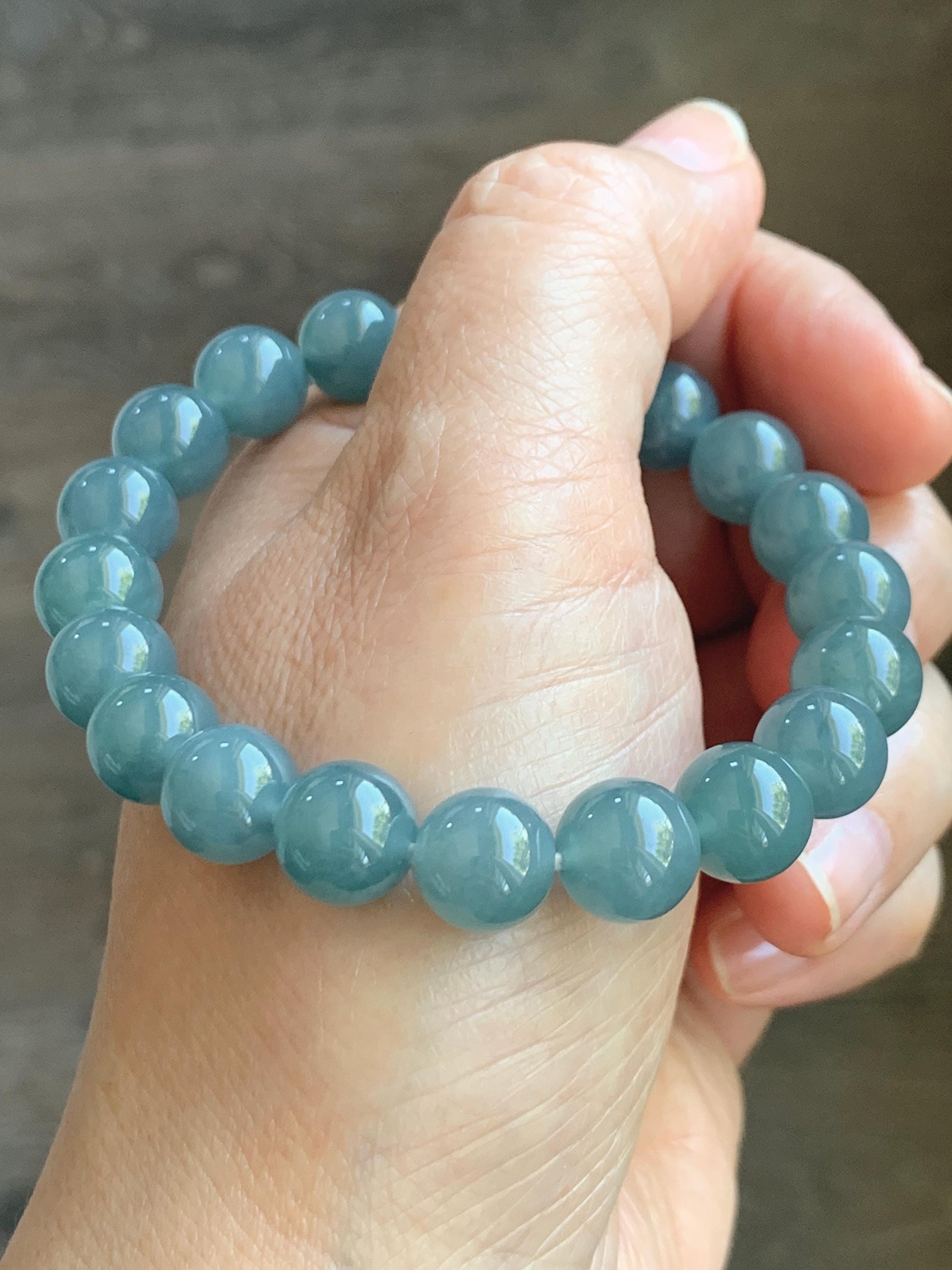 Natural Grade A Guatemalan Icy Translucent Dusty Blue Jade Jadeite Beaded Bracelet Stretchy 9.6mm 7” 31g 天然冰危蓝翡翠圆珠手串 WQL150