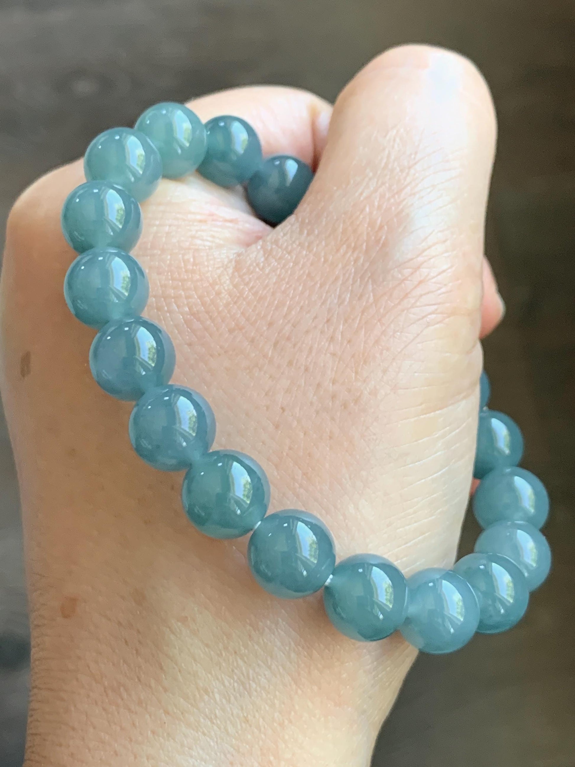 Natural Grade A Guatemalan Icy Translucent Dusty Blue Jade Jadeite Beaded Bracelet Stretchy 9.6mm 7” 31g 天然冰危蓝翡翠圆珠手串 WQL150